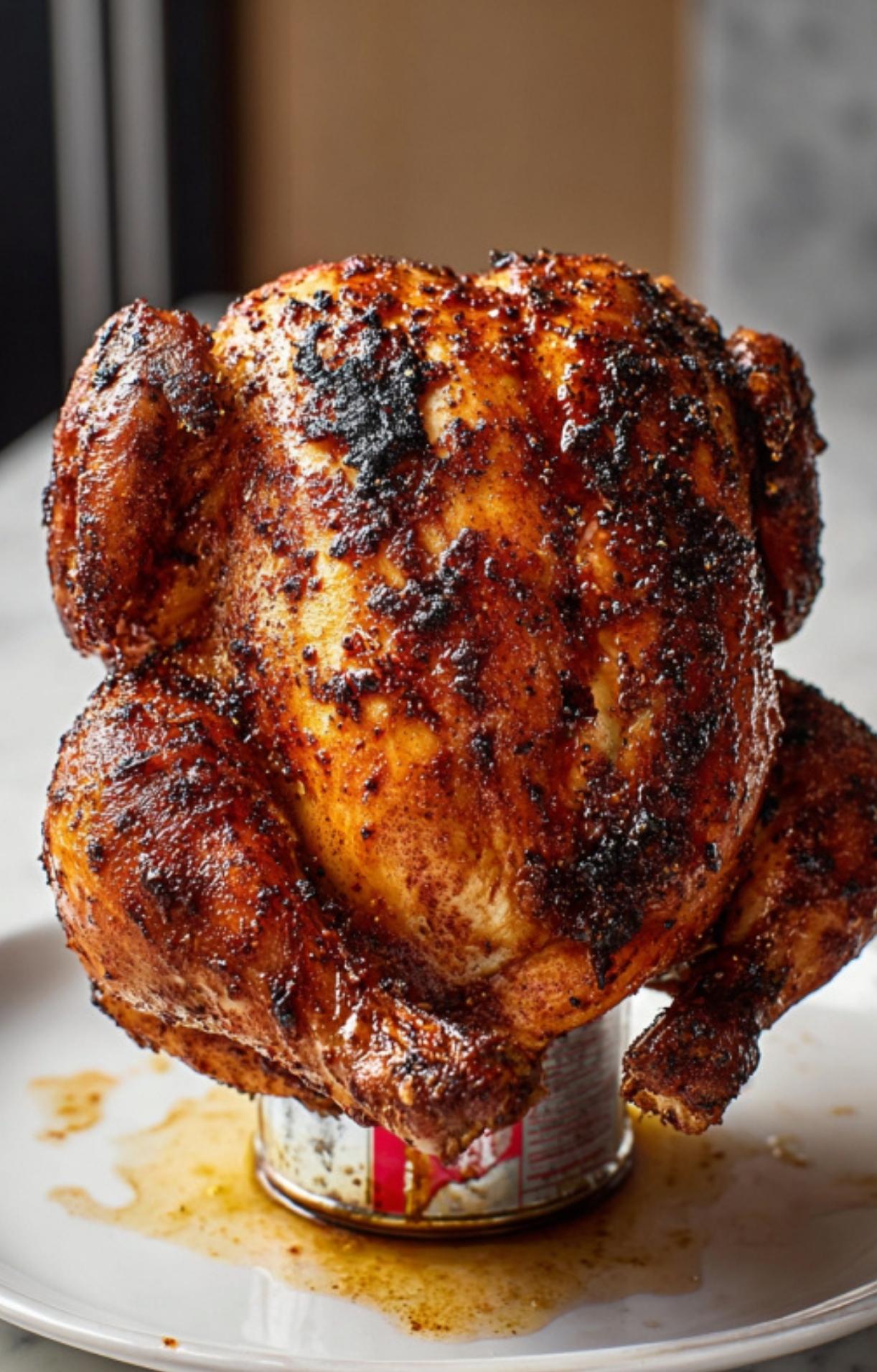 A perfectly roasted, upright chicken with crispy, dark golden-brown skin sitting on a beer can, showcasing the finished Weber Beer Can Chicken.