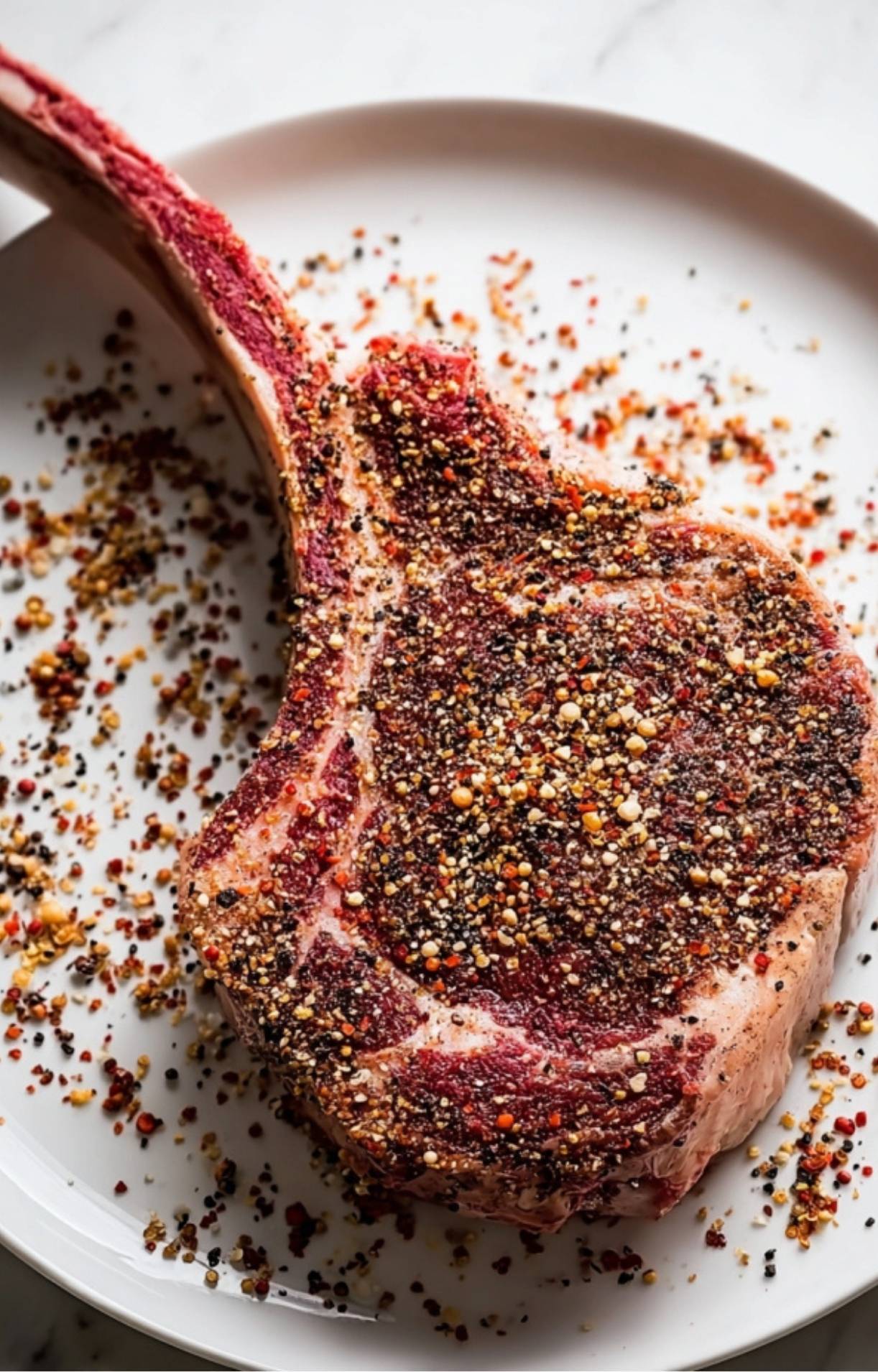 A raw, marbled tomahawk steak on a white plate with bowls of dry rub seasoning and butter.