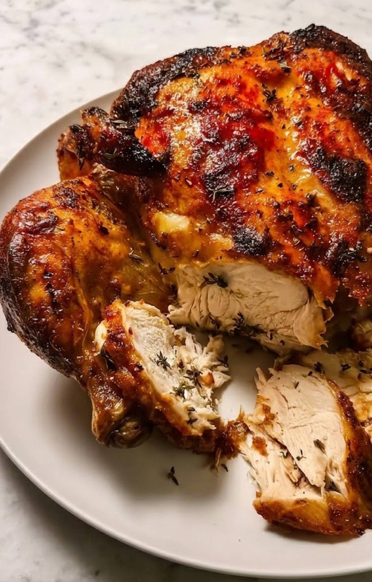 A roasted Beer Can Chicken being carved on a white plate, revealing the steaming, moist white meat inside.