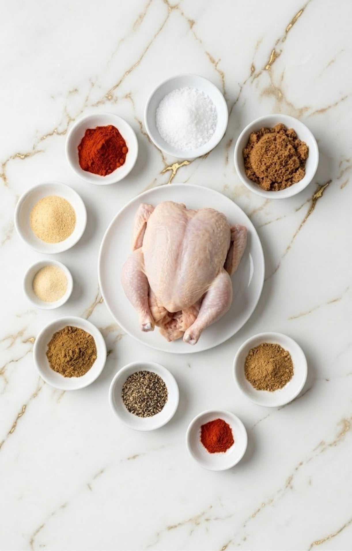 A raw whole chicken surrounded by small white bowls containing salt, brown sugar, paprika, and other spices.