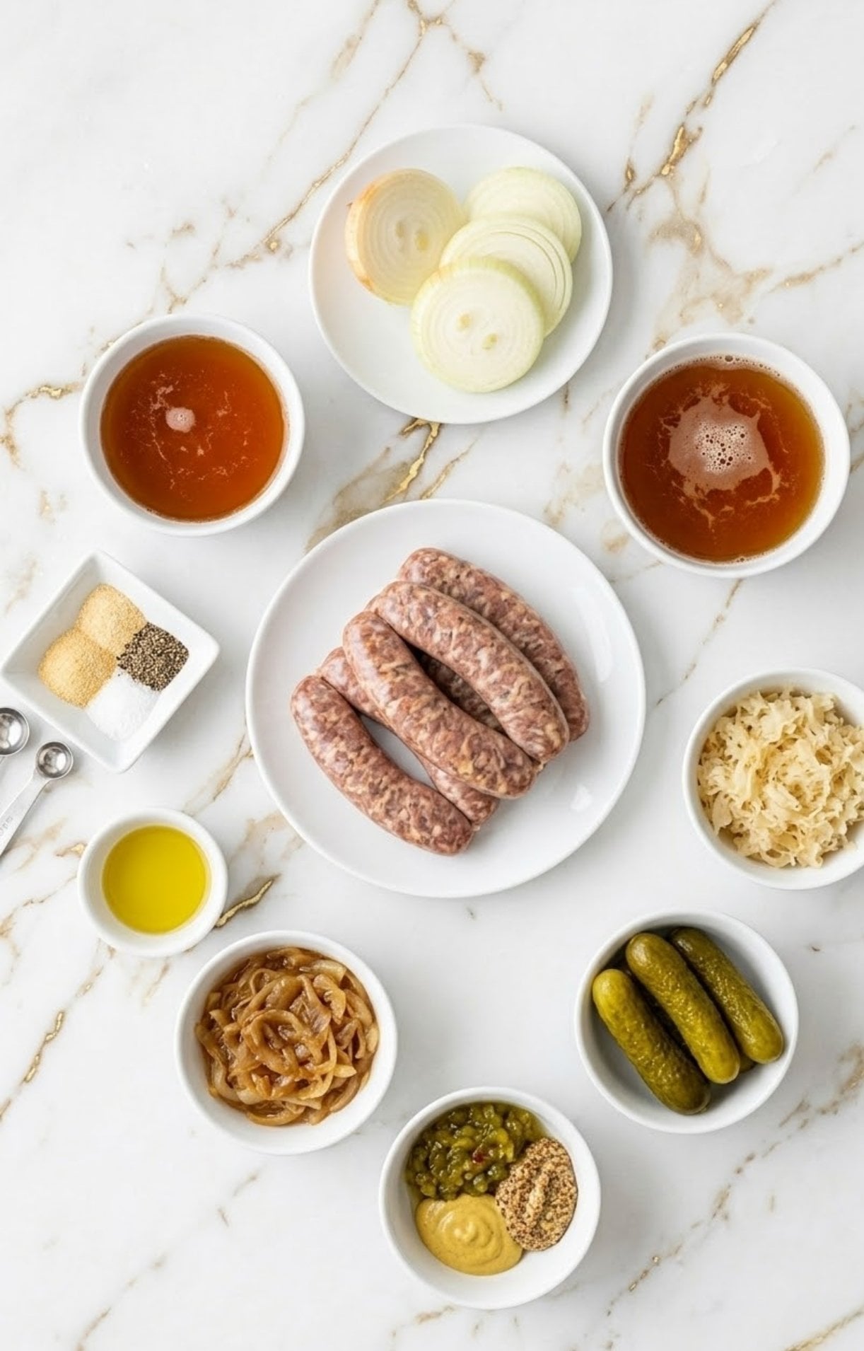 An overhead flat lay of ingredients for beer brats on grill including raw bratwurst, beer, onions, sauerkraut, pickles, and spices.