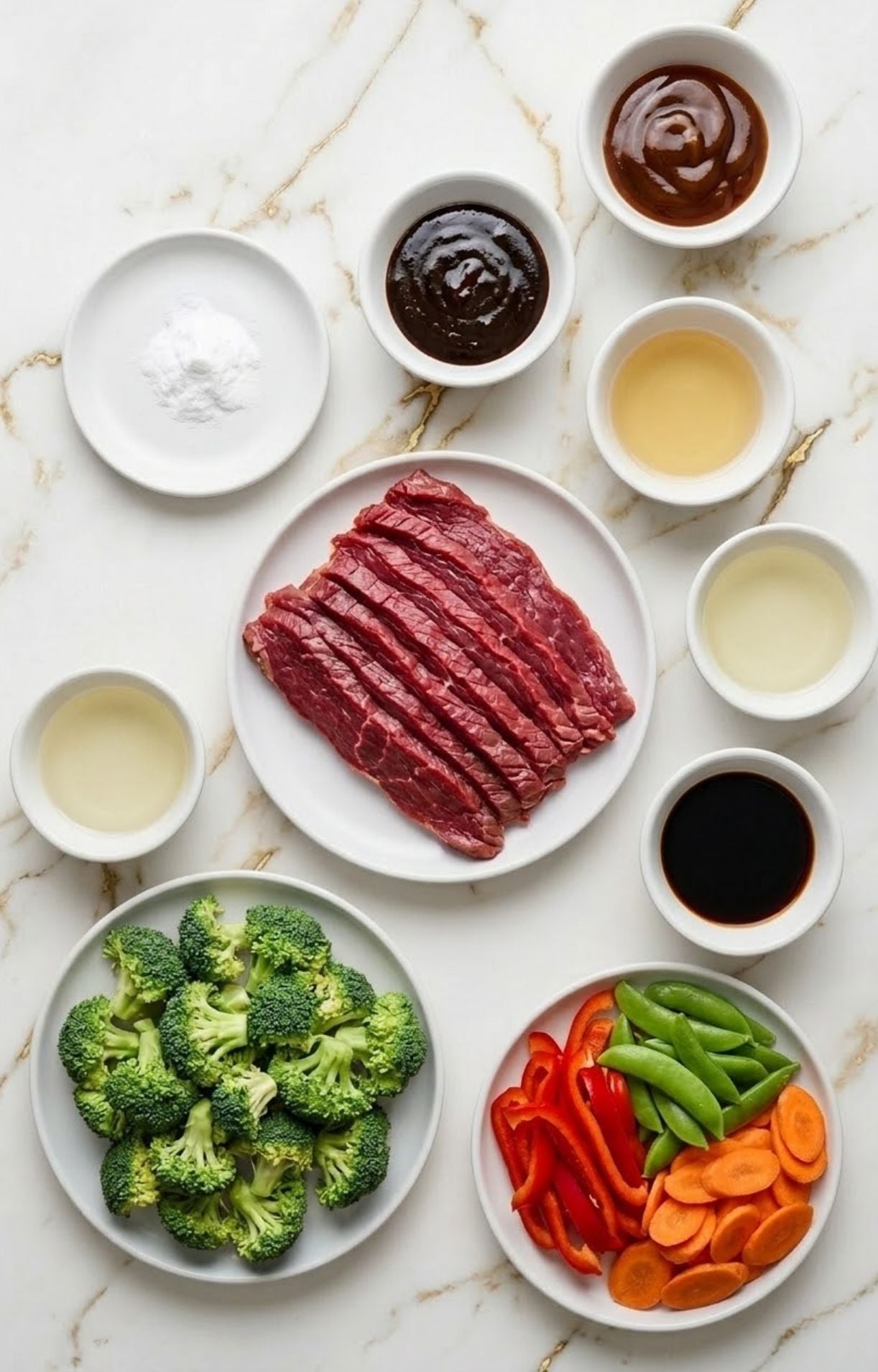 Overhead view of raw flank steak slices, broccoli florets, bell peppers, carrots, and various sauce components for Beijing beef and broccoli.