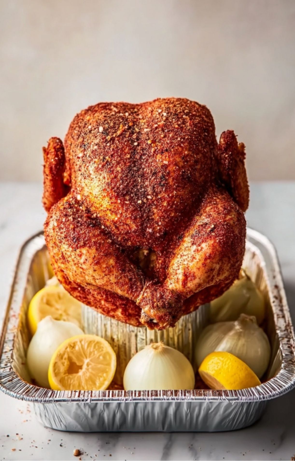 A seasoned chicken standing upright on a beer can in a foil tray, surrounded by halved lemons and whole white onions.
