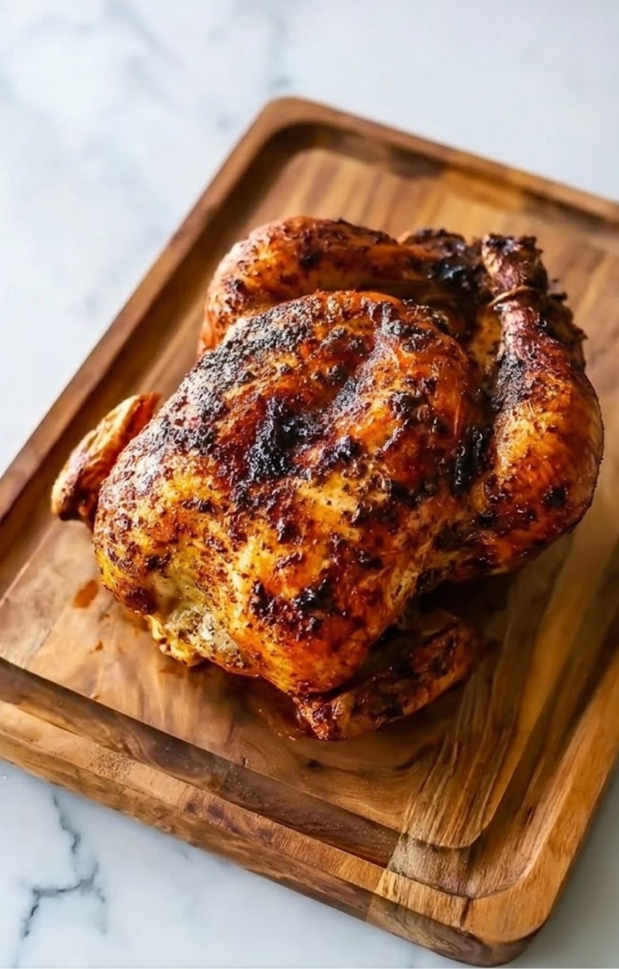 A fully cooked, mahogany-colored whole chicken resting on a wooden cutting board before carving.