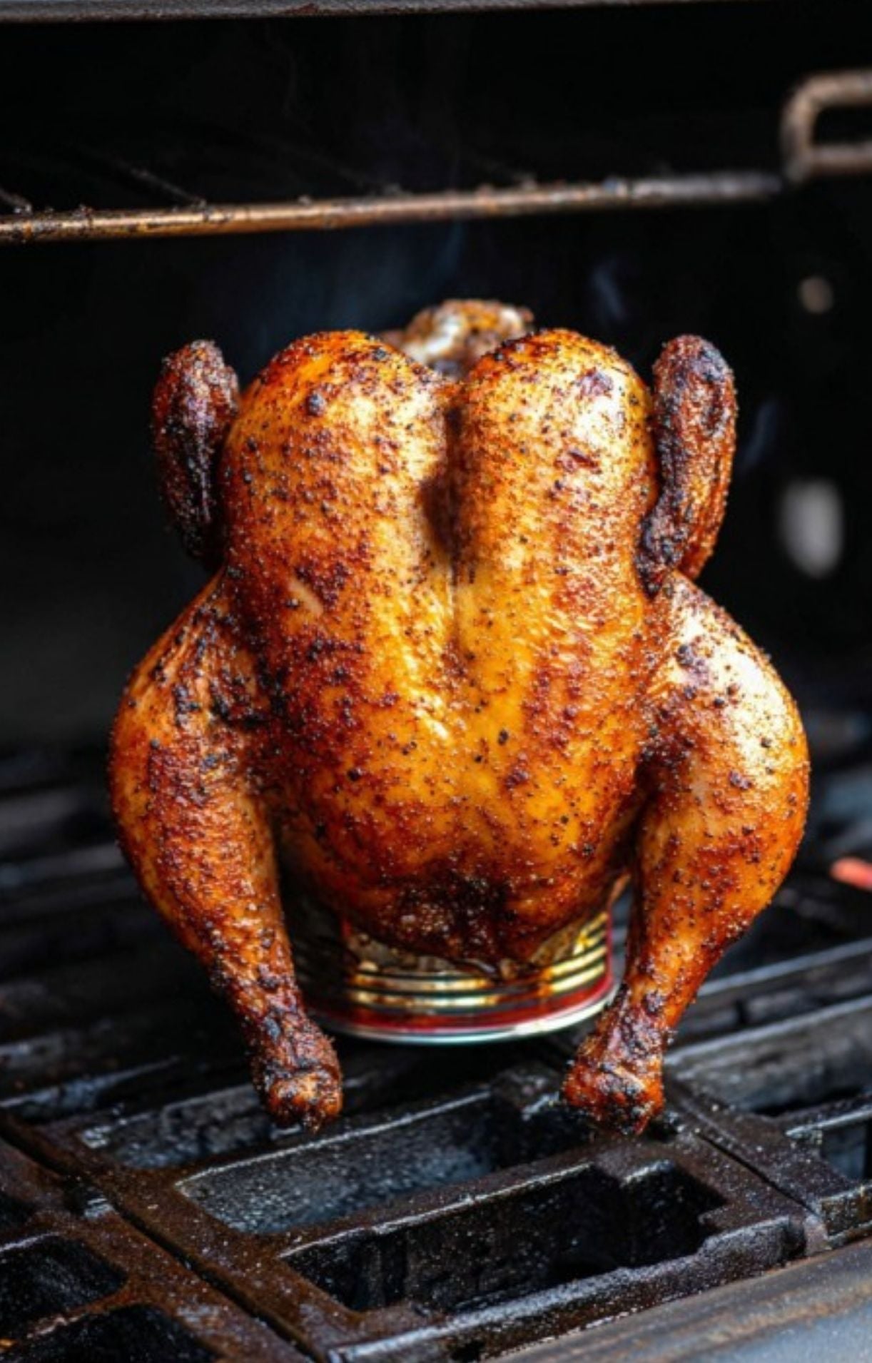 A seasoned whole chicken mounted on a beer can sitting on the black metal grates of a smoker.