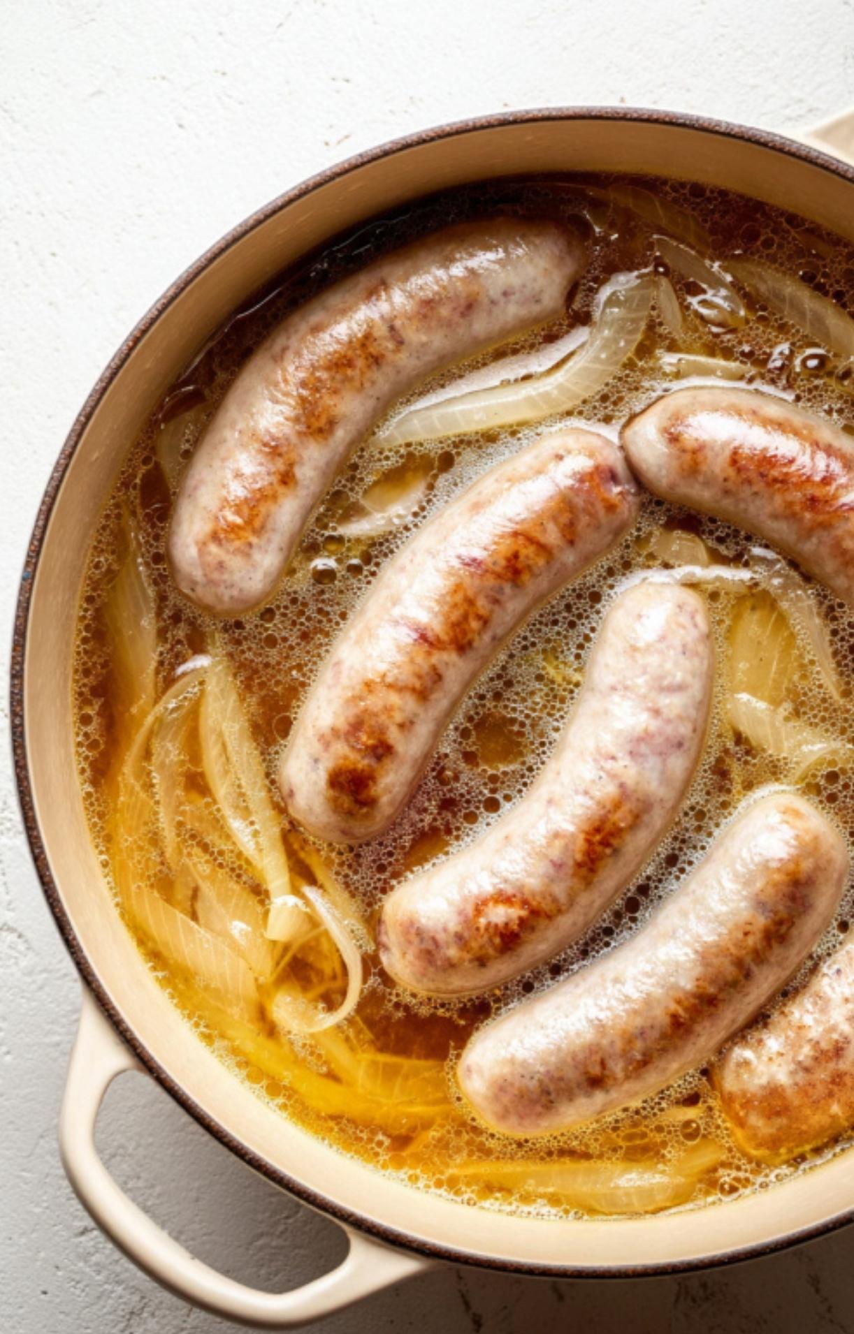 Raw bratwurst links poaching in a simmering beer and onion liquid before finishing the beer brats on grill.