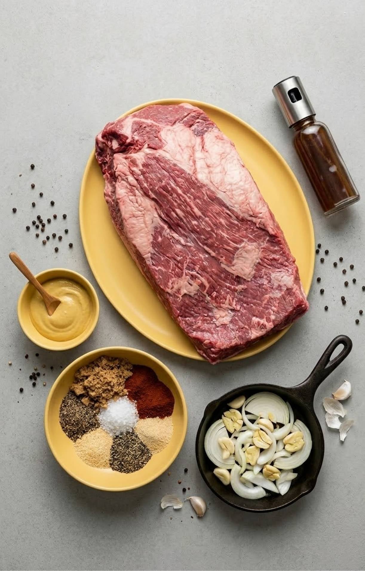 Raw beef brisket on a yellow platter surrounded by bowls of dry rub spices, mustard binder, and fresh aromatics.