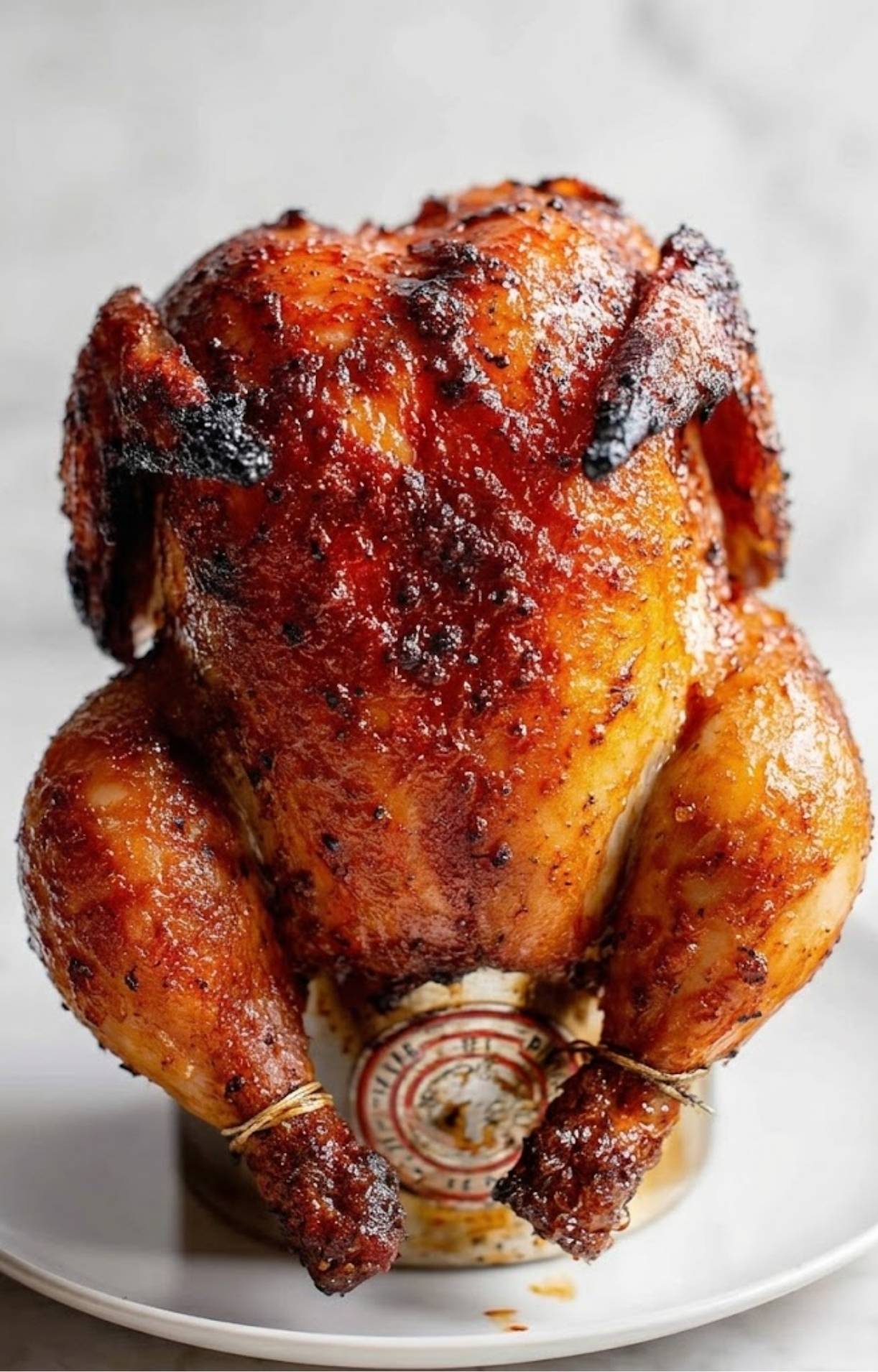 A front-facing view of a perfectly smoked chicken with its legs tied, resting on a beverage can.