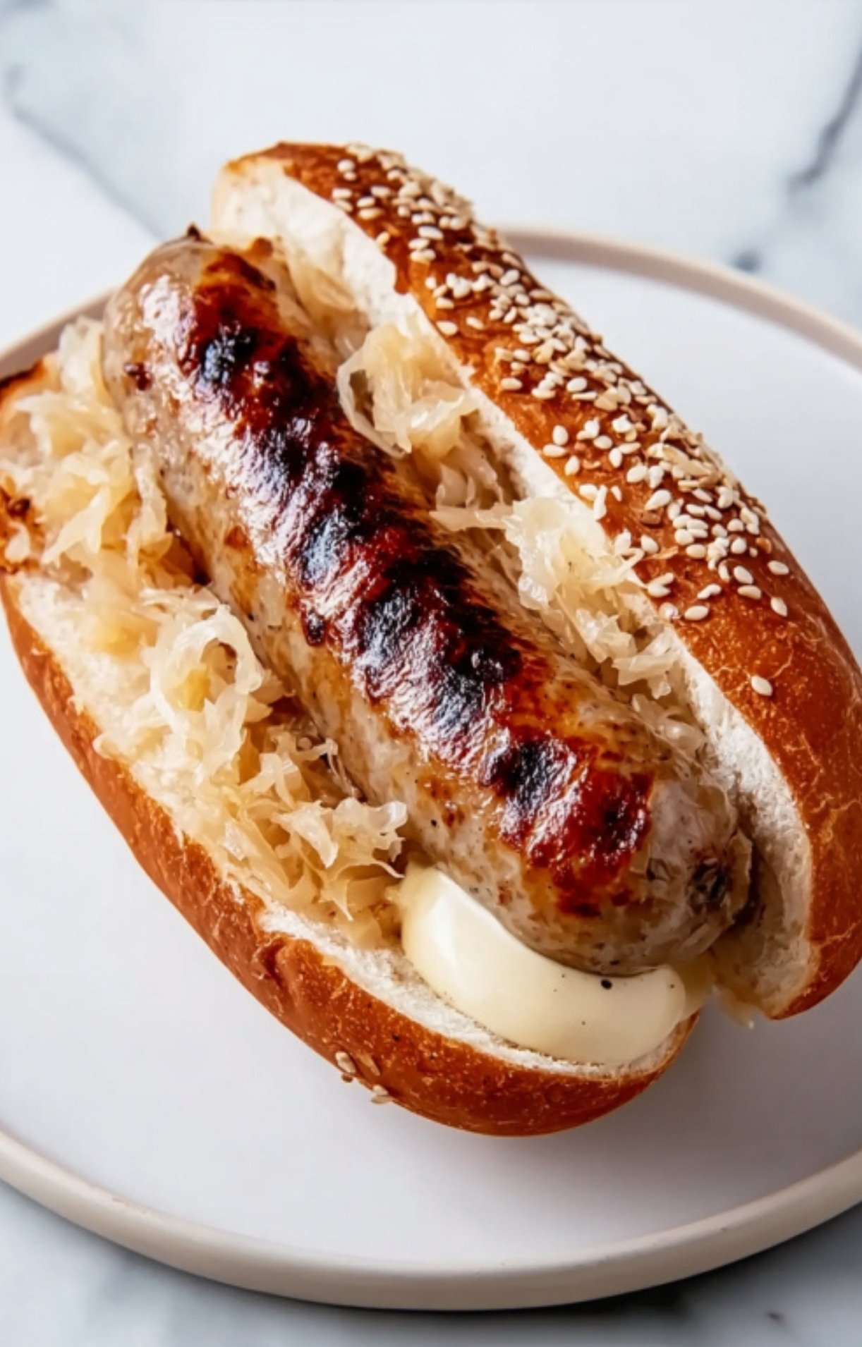 A close-up of a grilled beer brat in a toasted sesame bun topped with sauerkraut and a swirl of mustard.