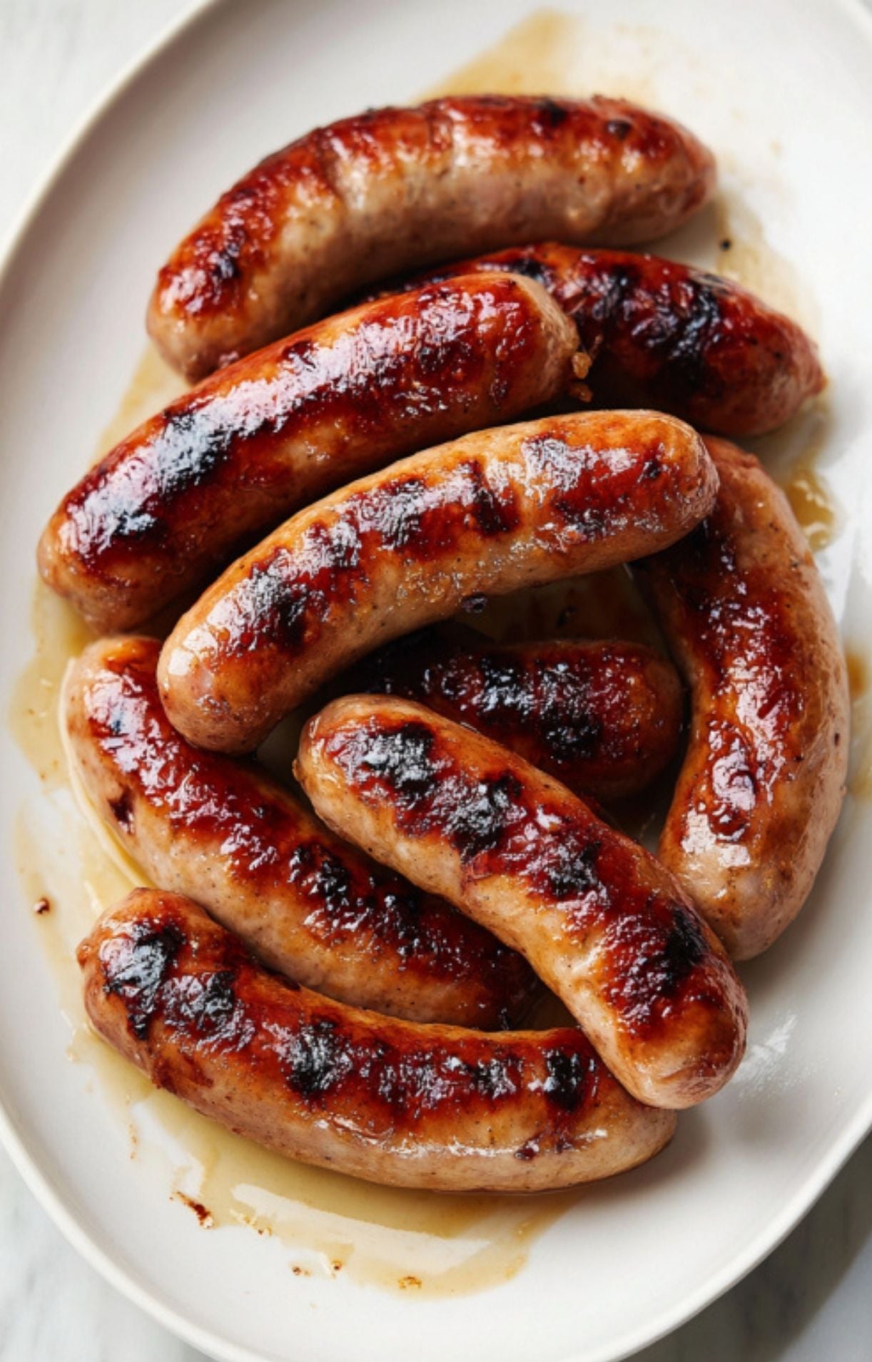 A white platter filled with juicy, charred bratwurst sausages freshly removed from the heat for beer brats on grill.