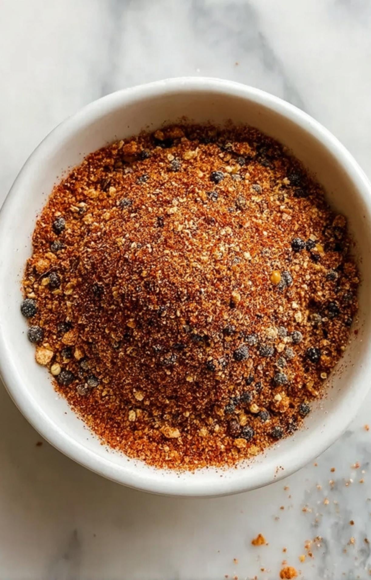 A close-up view of the combined dry spices being blended together in a white ceramic bowl to create a uniform Easy Beer Can Chicken Rub.