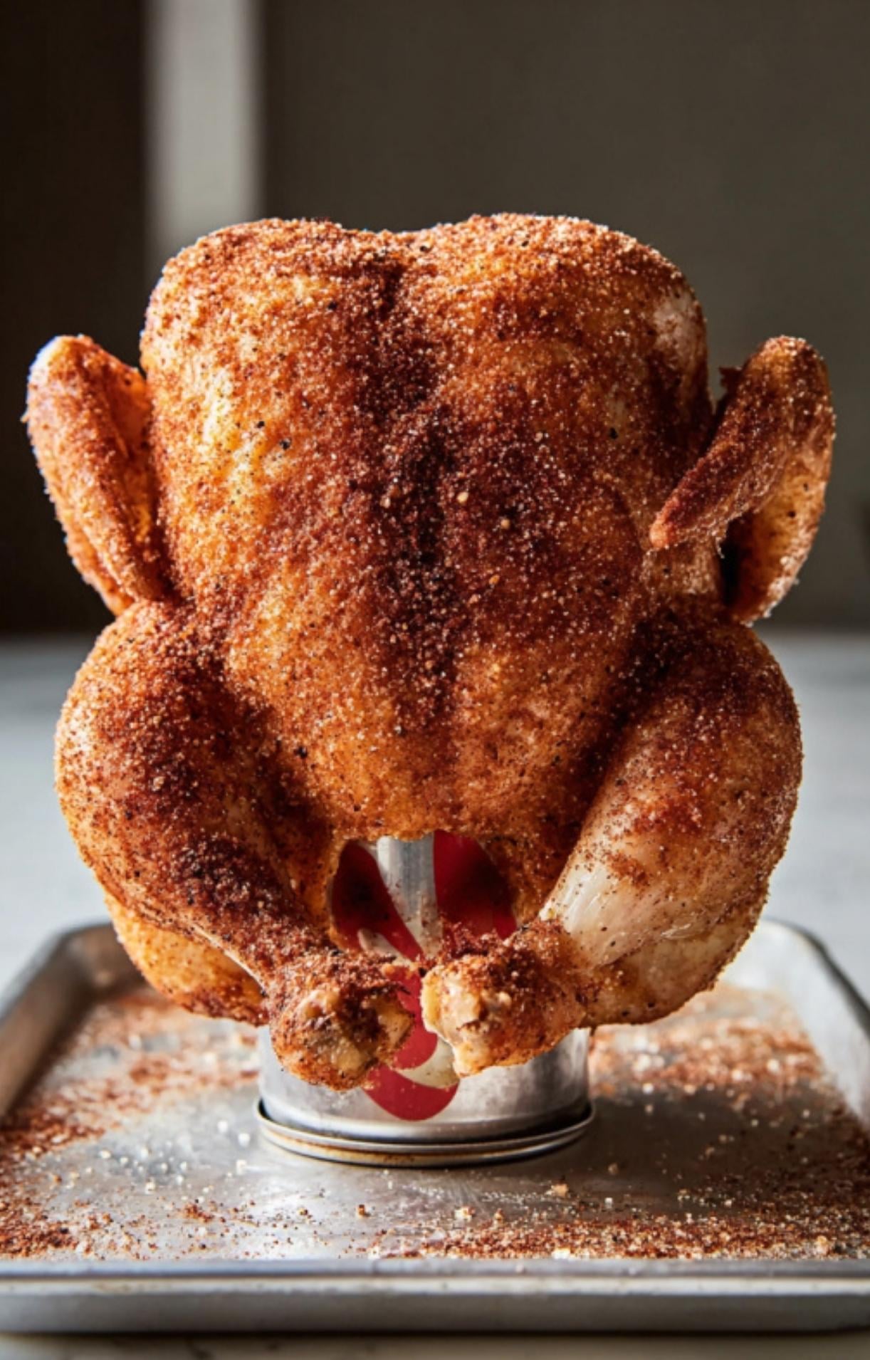 A seasoned whole chicken vertically balanced on an open beer can on a baking sheet, illustrating the Weber Beer Can Chicken technique.