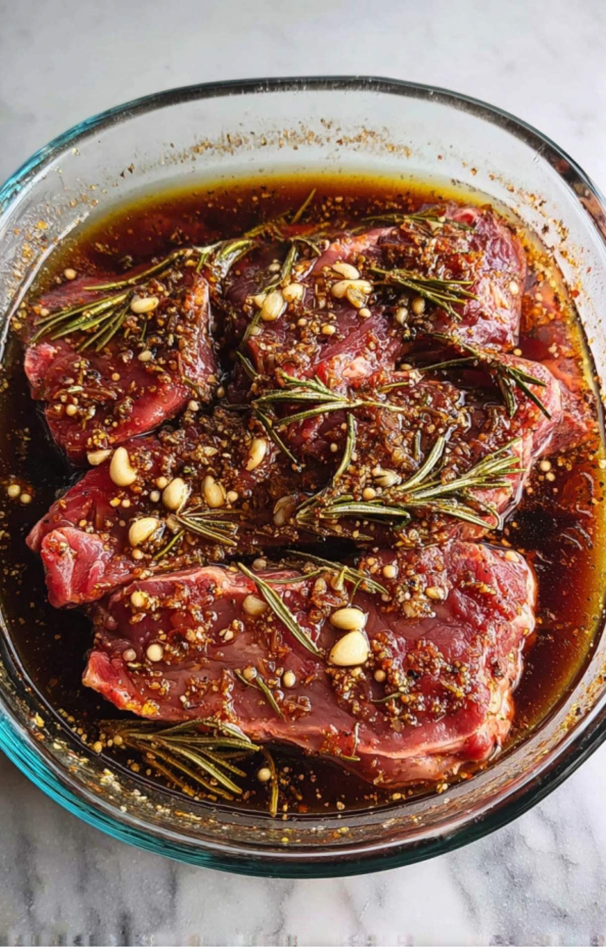 Raw lamb shoulder chops soaking in a rosemary and garlic marinade in a clear glass dish.