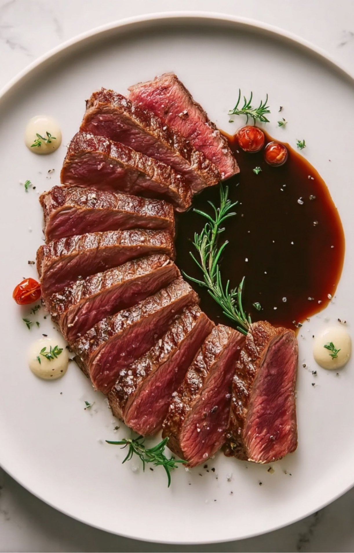 Sliced medium-rare steak arranged in a fan shape on a white plate with rich reduction sauce and microgreens.