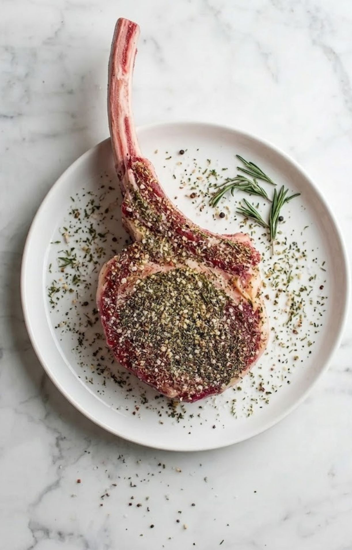 A raw, bone-in tomahawk steak on a white plate being generously coated with the Smoked Tomahawk Steak Rub and fresh rosemary.