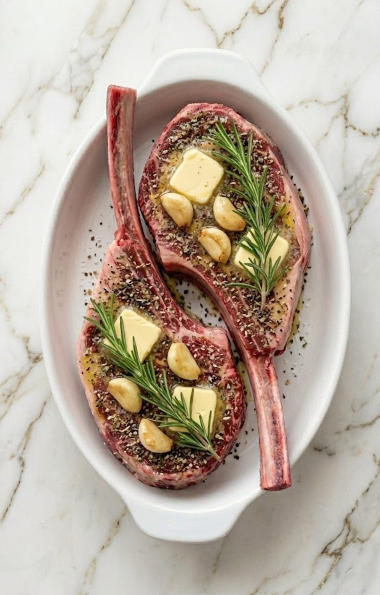 Seasoned raw tomahawk steaks topped with pats of cold butter, whole peeled garlic cloves, and fresh rosemary sprigs, ready for the smoker.