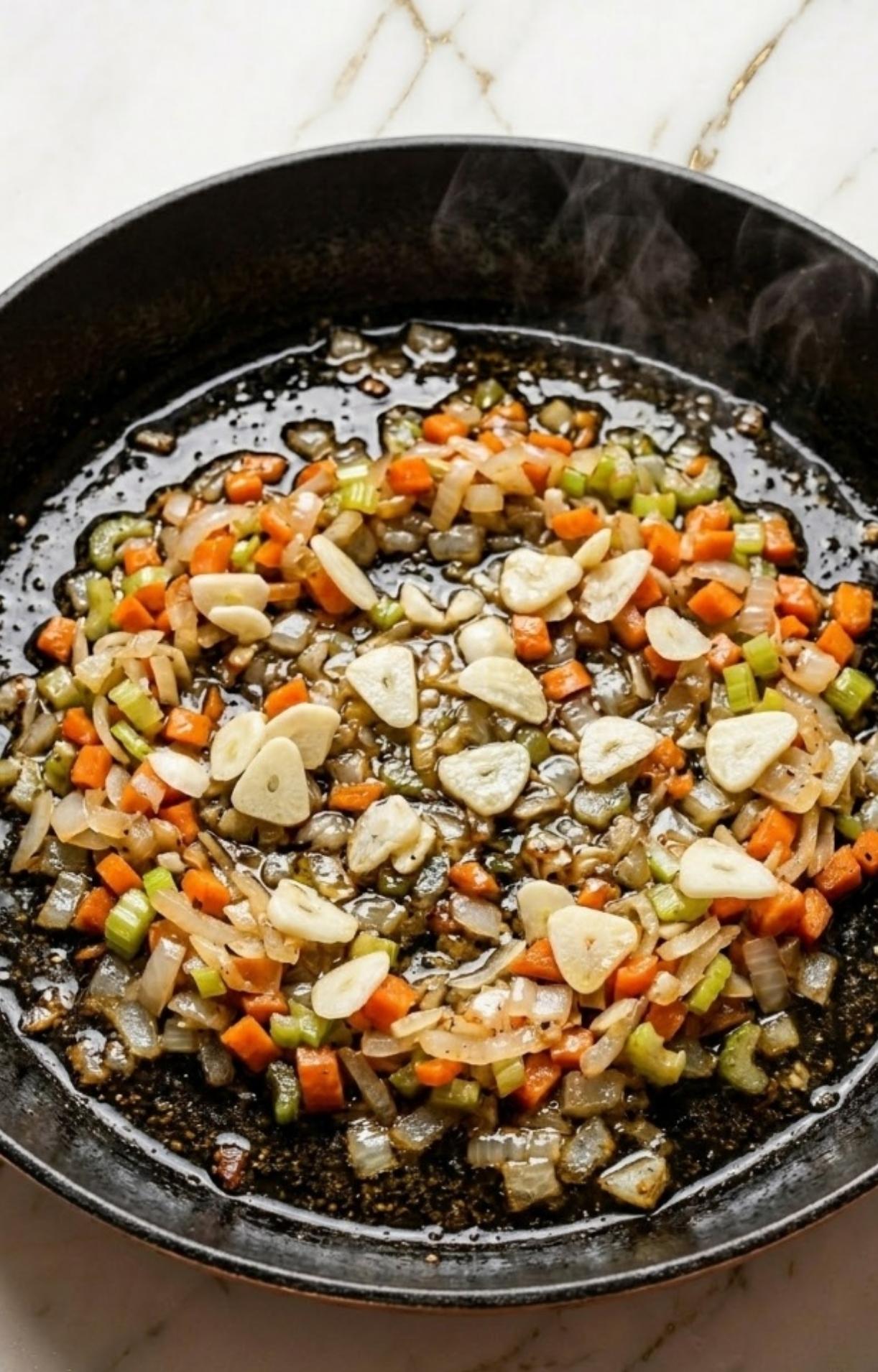 Sliced garlic, diced onions, carrots, and celery softening in a skillet with the browned bits from the beef cheeks for maximum flavor.