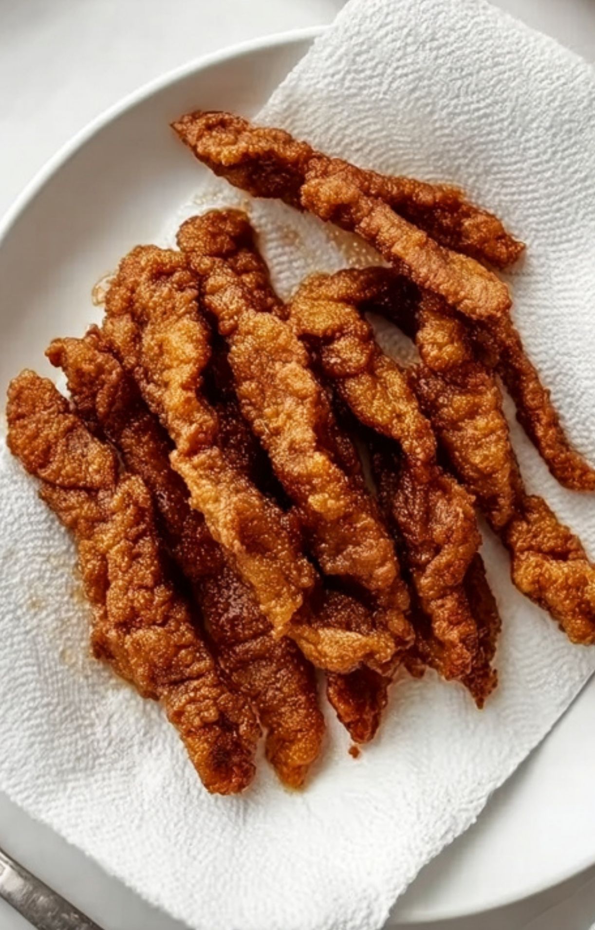 Crispy, golden-brown fried beef strips resting on a white paper towel to drain excess oil before being added to the stir fry.