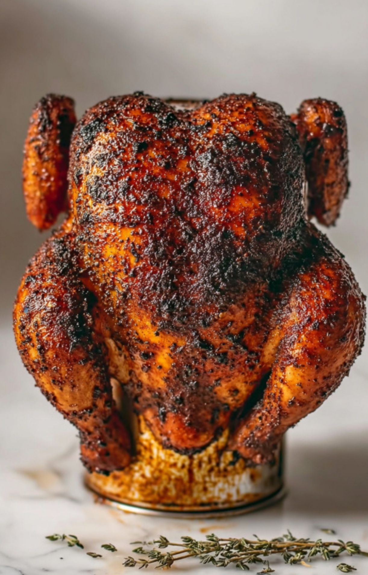 A front-facing view of a Beer Can Chicken with deeply browned, crispy skin and fresh thyme scattered at the base.