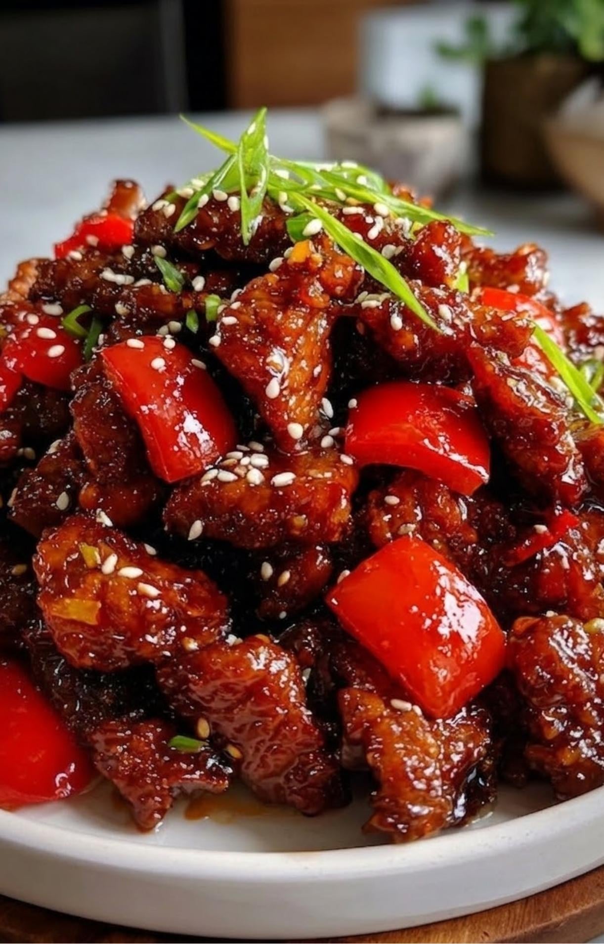 A macro shot of the finished dish showing the glossy sauce, sesame seeds, and fresh green onion slivers.