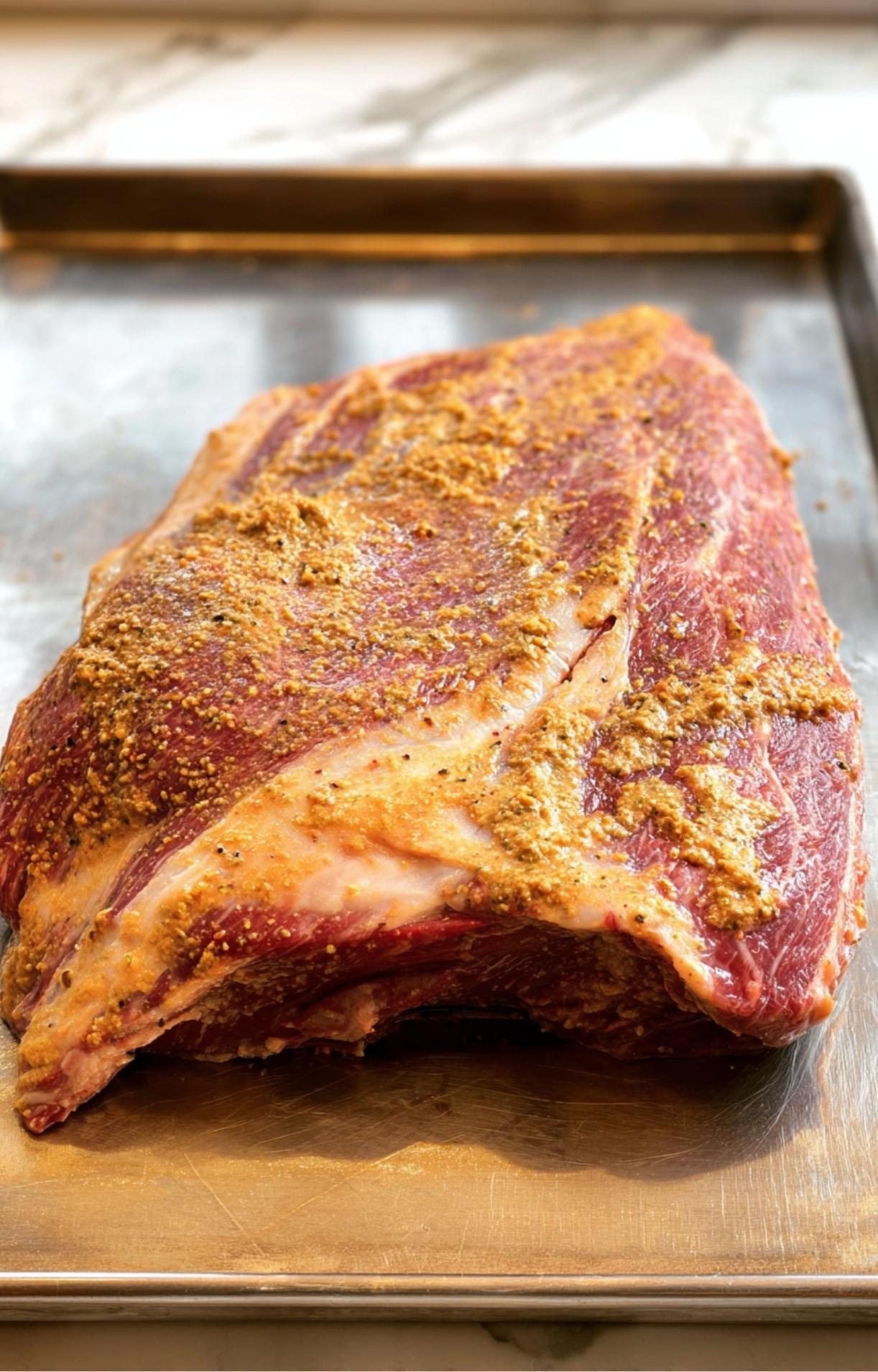 Raw beef brisket coated in a thick layer of yellow mustard binder on a metal baking sheet.