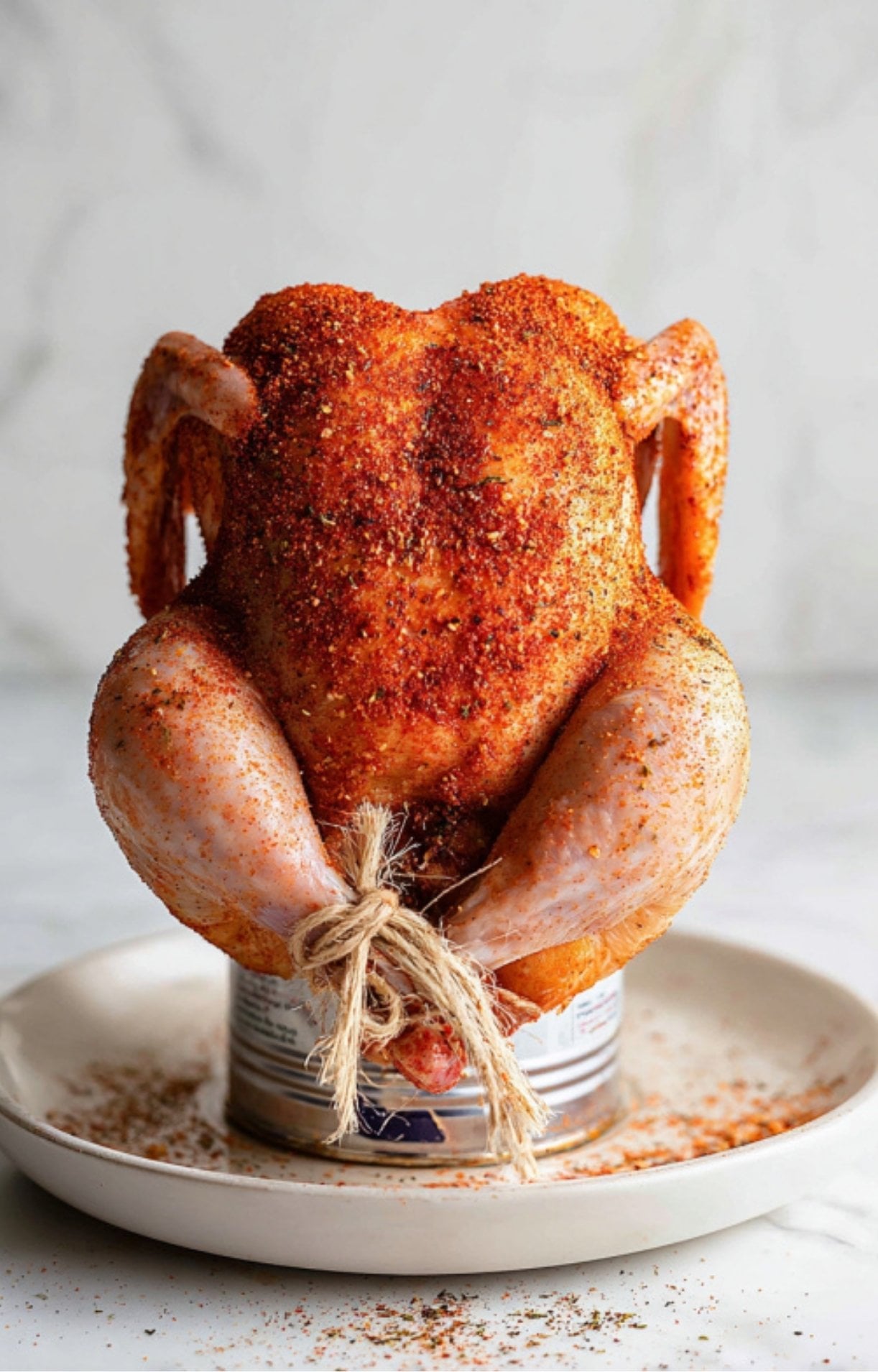 A raw whole chicken coated in a thick red spice rub, propped up on a can and ready for the smoker.