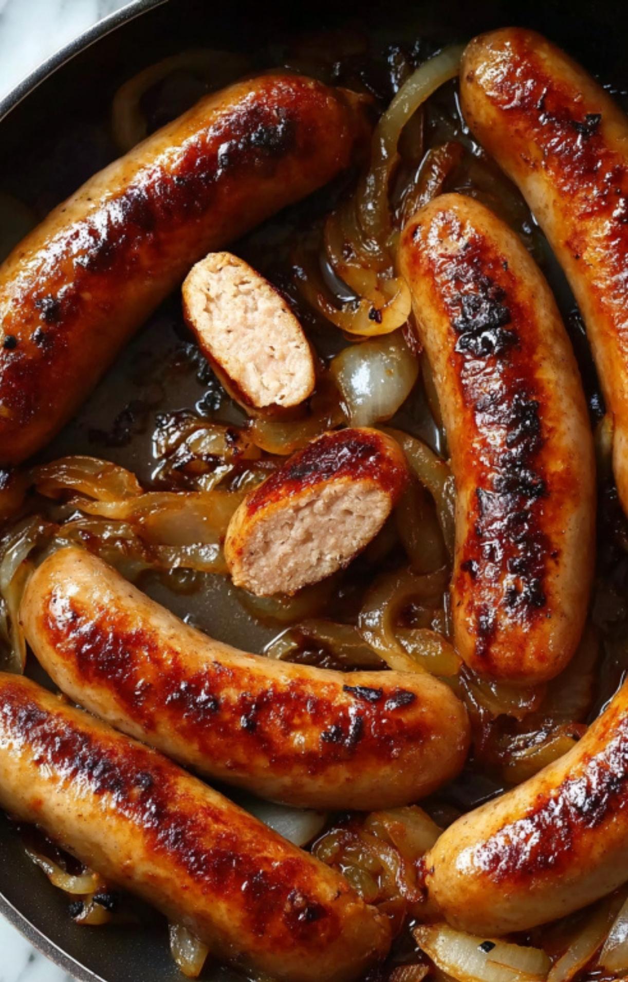 Close-up of seared beer brats and caramelized onions in a pan with one bratwurst sliced open.