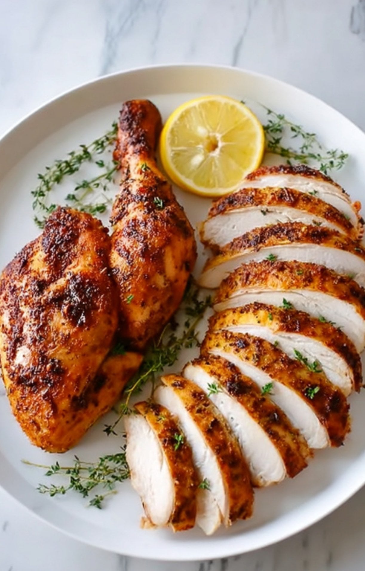 Carved smoked chicken breast and a leg quarter arranged on a white plate with fresh thyme and lemon.