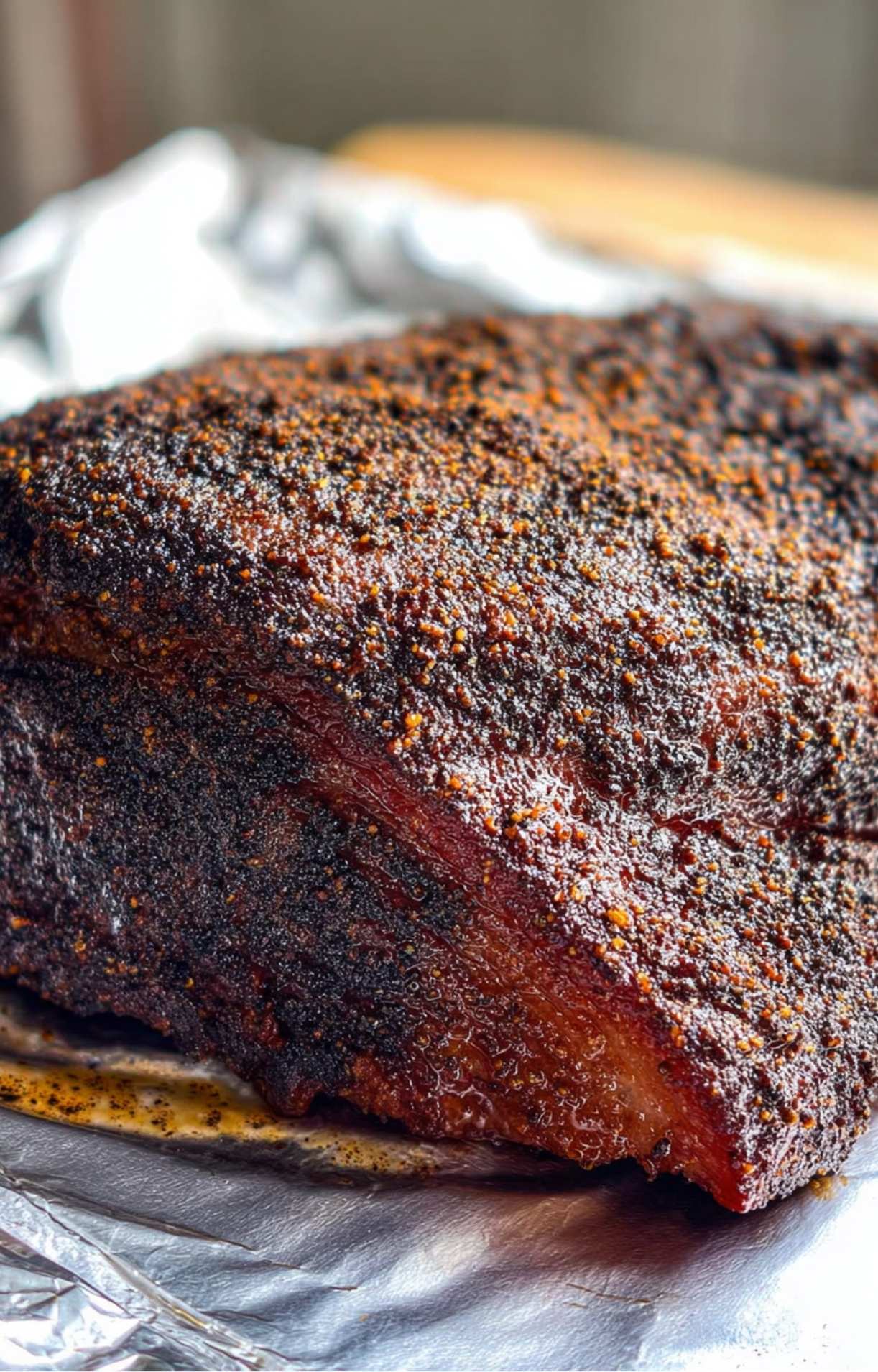 Close-up of a fully cooked brisket showing a dark, caramelized "bark" sitting on aluminum foil.