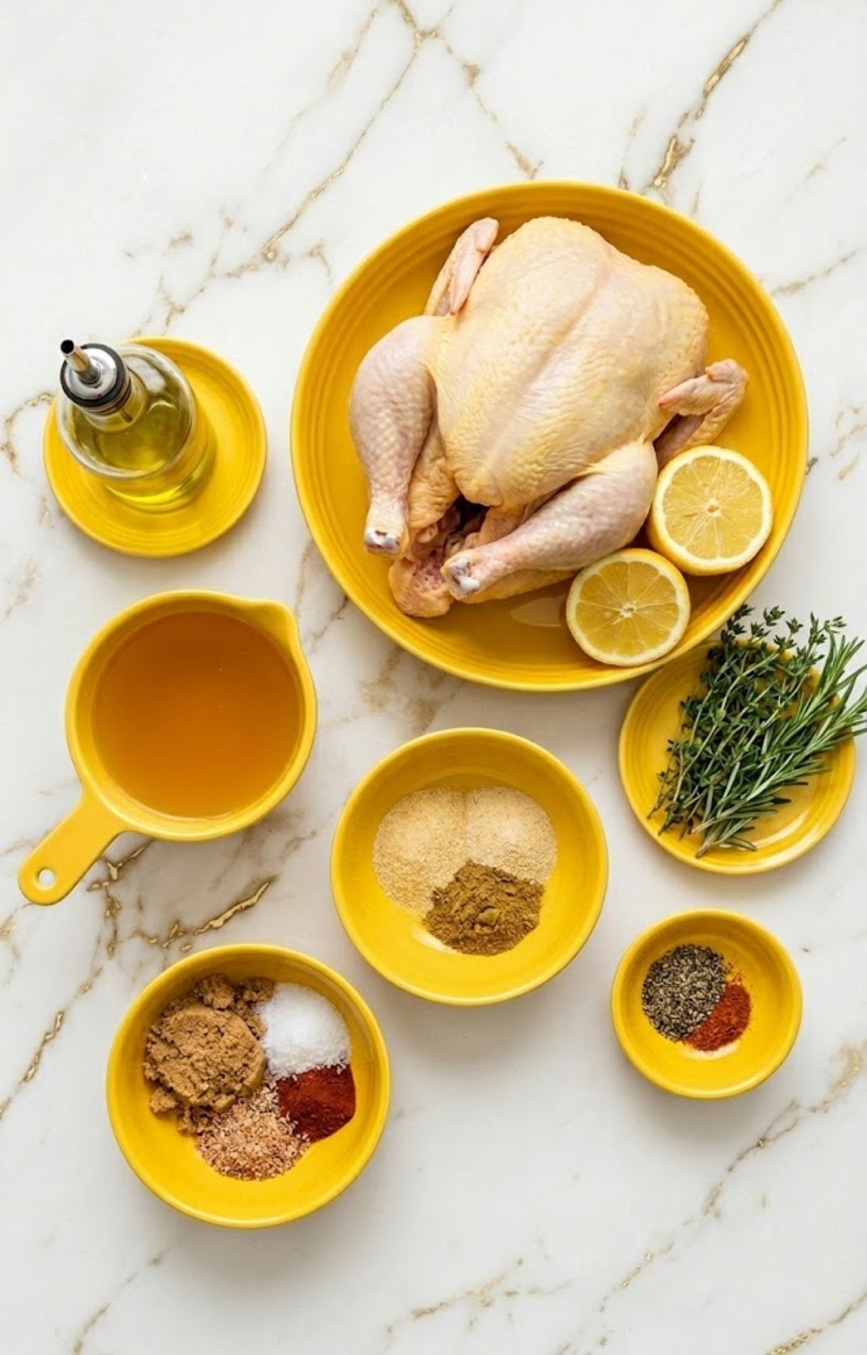 A flat-lay arrangement of a raw whole chicken, beer, olive oil, fresh rosemary, thyme, lemons, and various dry spices in yellow bowls.