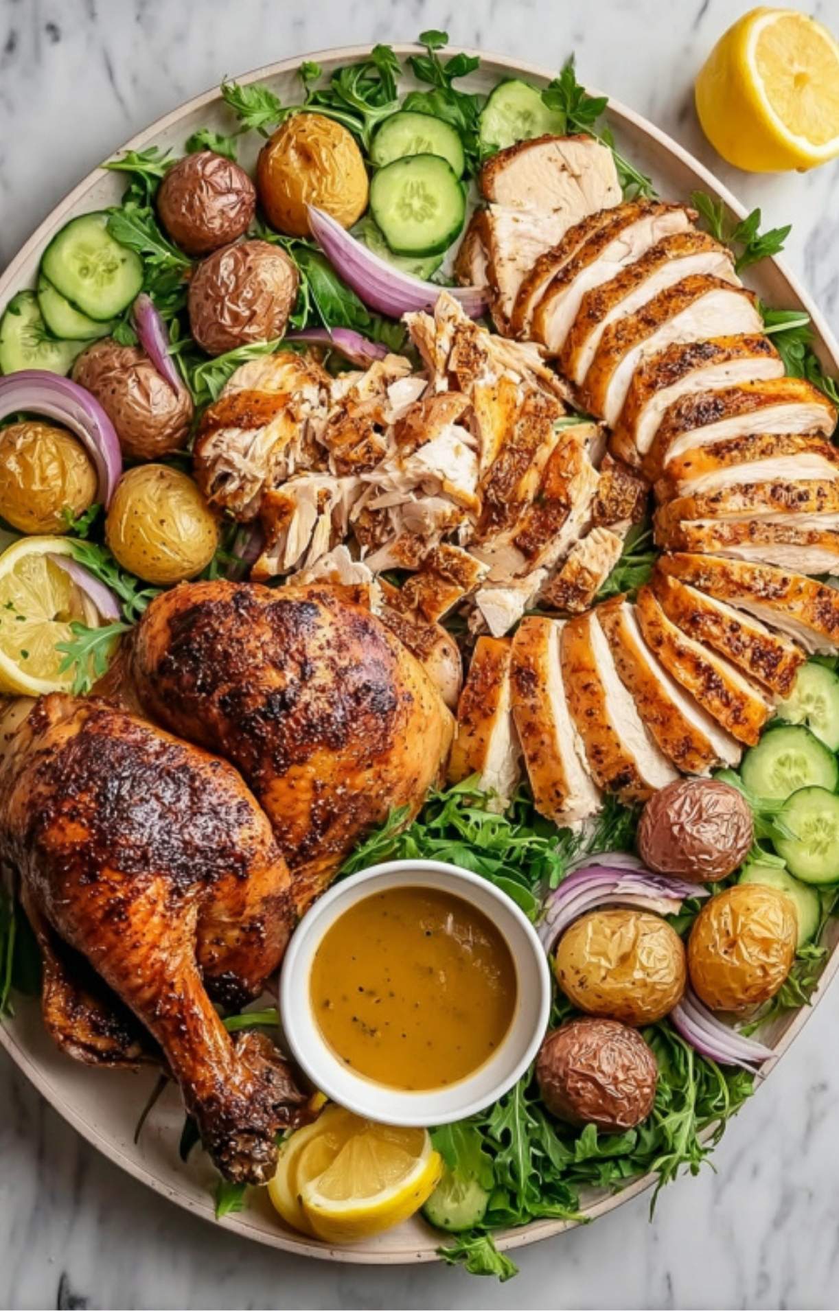 A vibrant serving plate showcasing carved chicken pieces surrounded by roasted potatoes, cucumbers, red onions, and fresh greens.