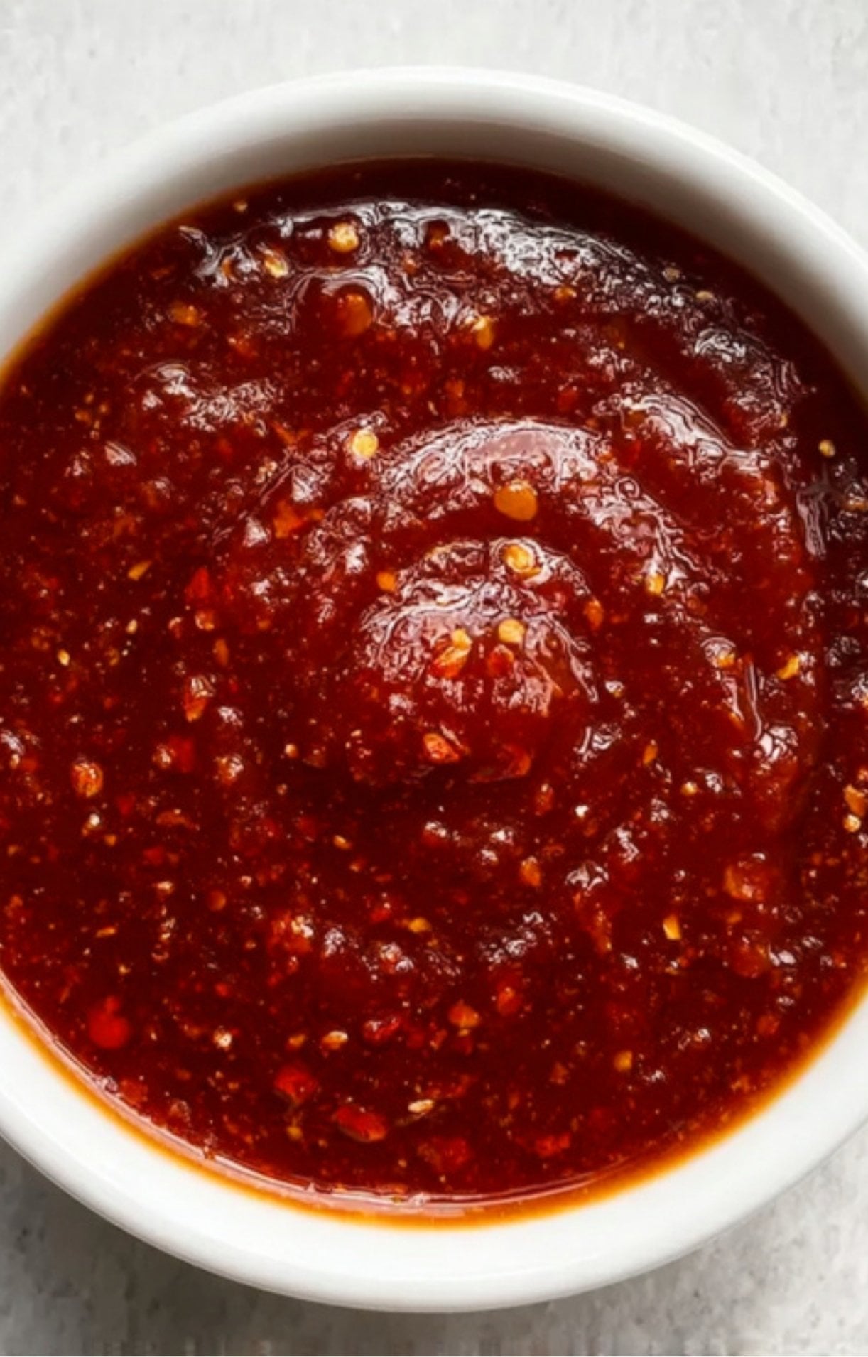 A top-down, close-up view of a small white bowl containing a thick, vibrant red Beijing Beef sauce with visible chili flakes and a textured surface.