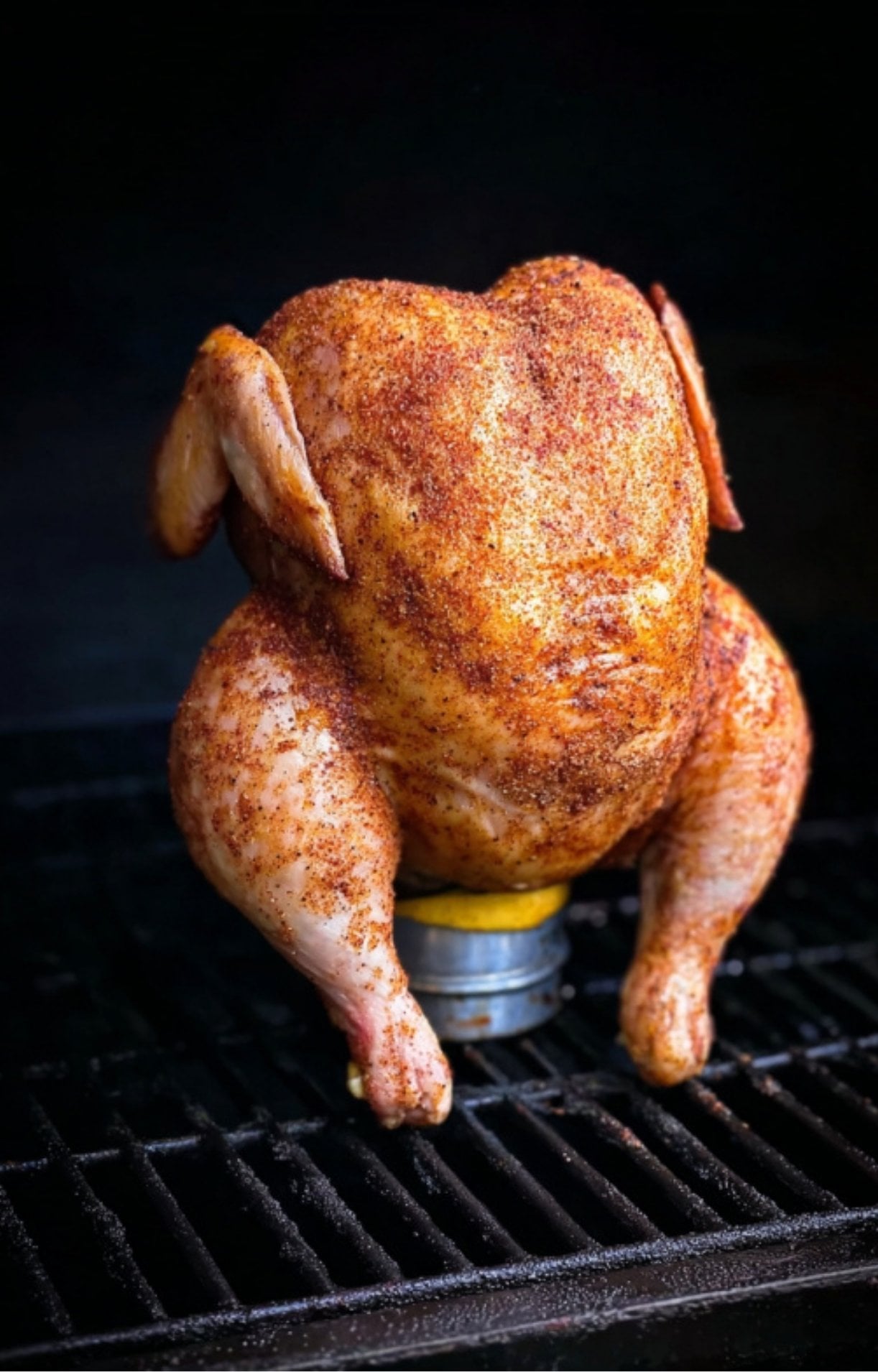 A seasoned whole chicken propped upright on a beer can over a black grill surface, beginning the smoking process.