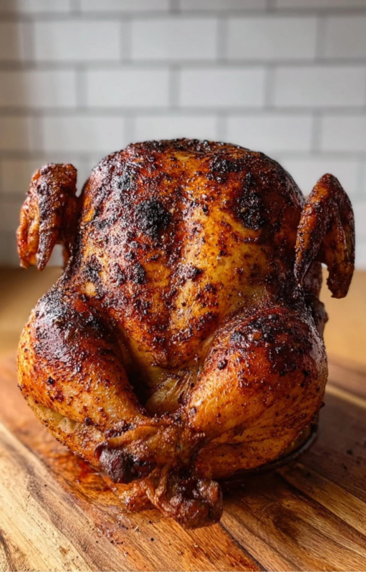 A fully cooked, whole roasted chicken with dark, crispy skin resting on a wooden cutting board.