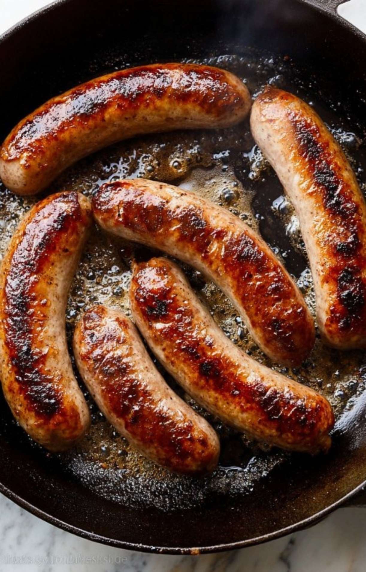 Browning bratwurst sausages in a cast iron skillet until the skins are golden and crisp.