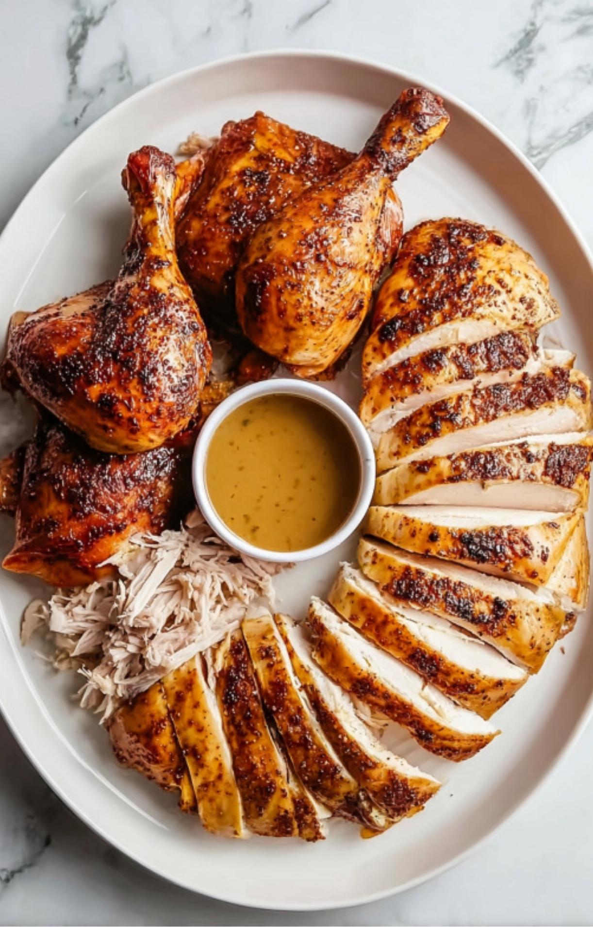 A white platter featuring a carved chicken with sliced breast meat, drumsticks, and a small bowl of gravy in the center.