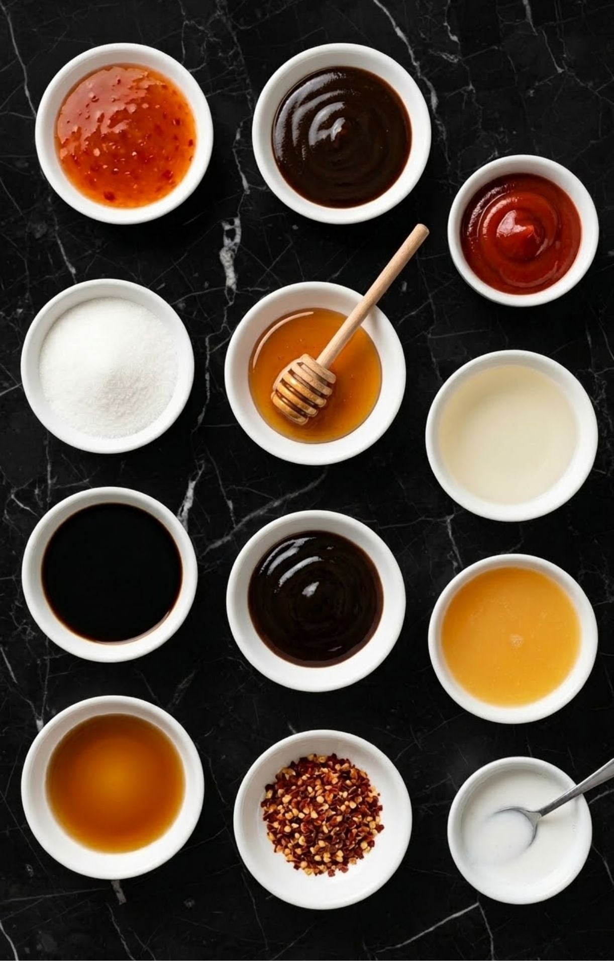An organized flat-lay of twelve small white bowls on a black marble surface containing various ingredients like soy sauce, honey, vinegar, and chili flakes.