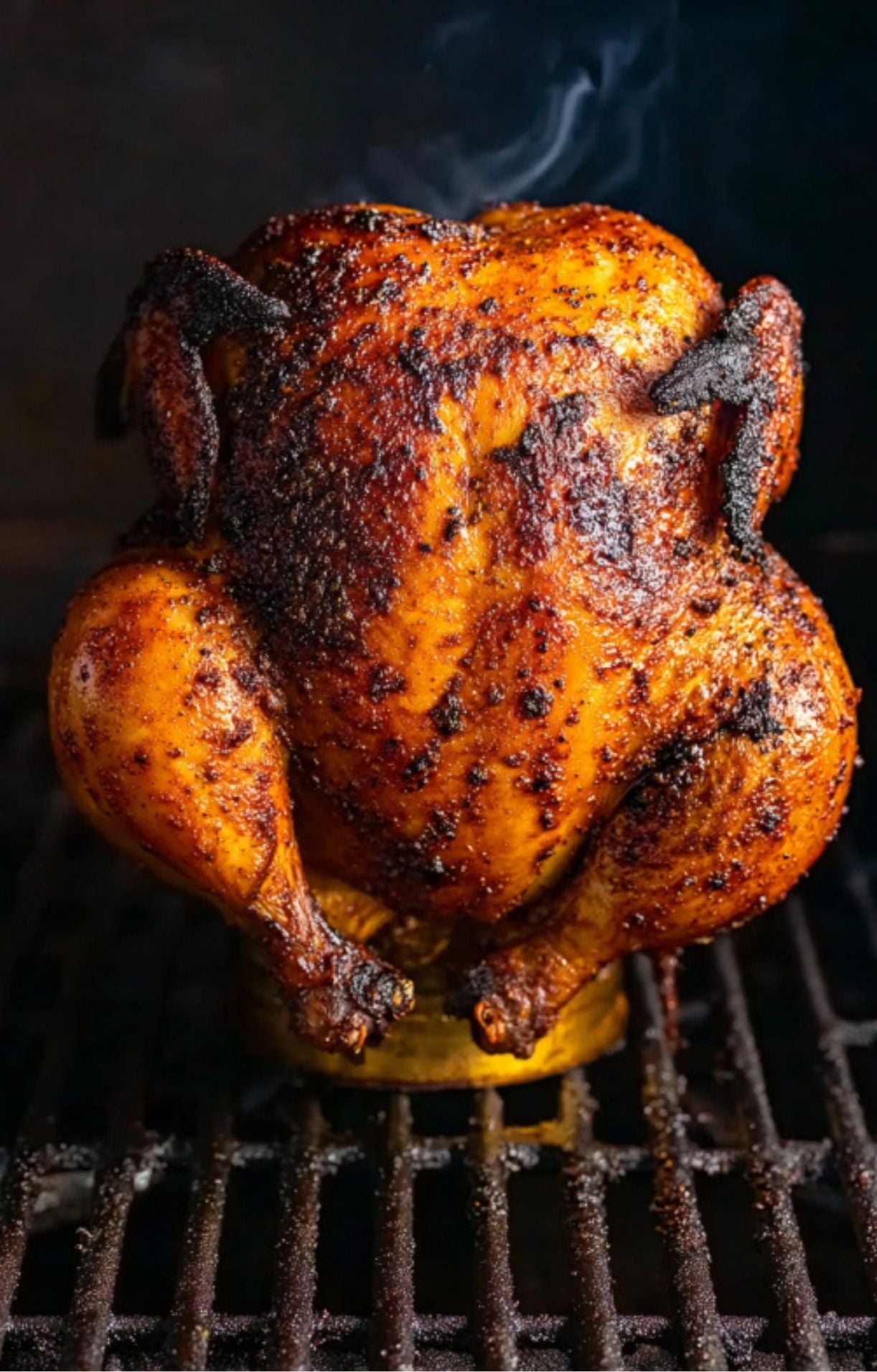 Close-up of a chicken mounted on a beer can inside a smoker, with visible steam rising from the golden-brown skin.