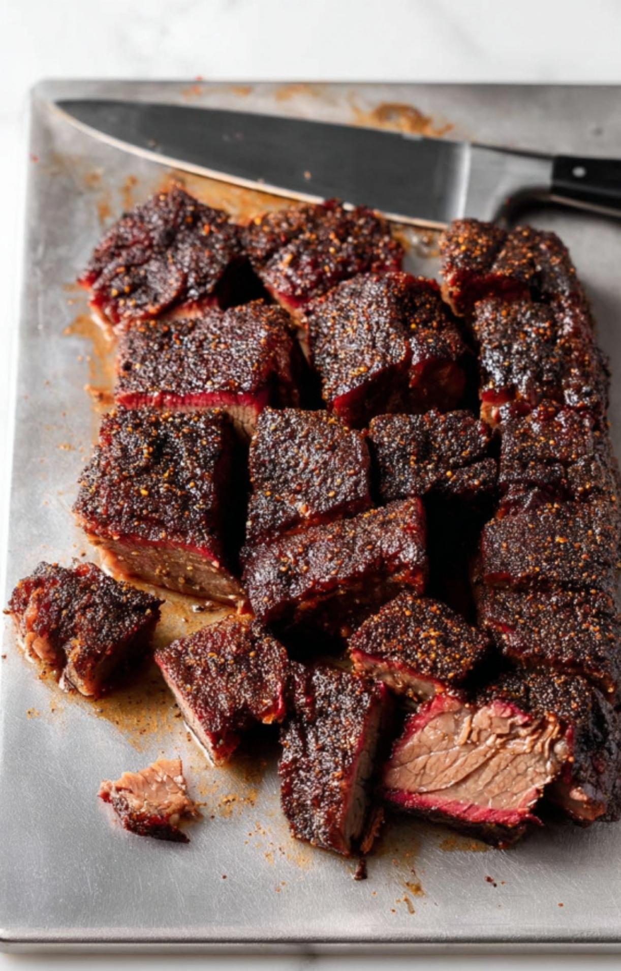Slicing the tender smoked beef brisket into uniform cubes on a metal surface to prepare Smoked Beef Brisket Burnt Ends.