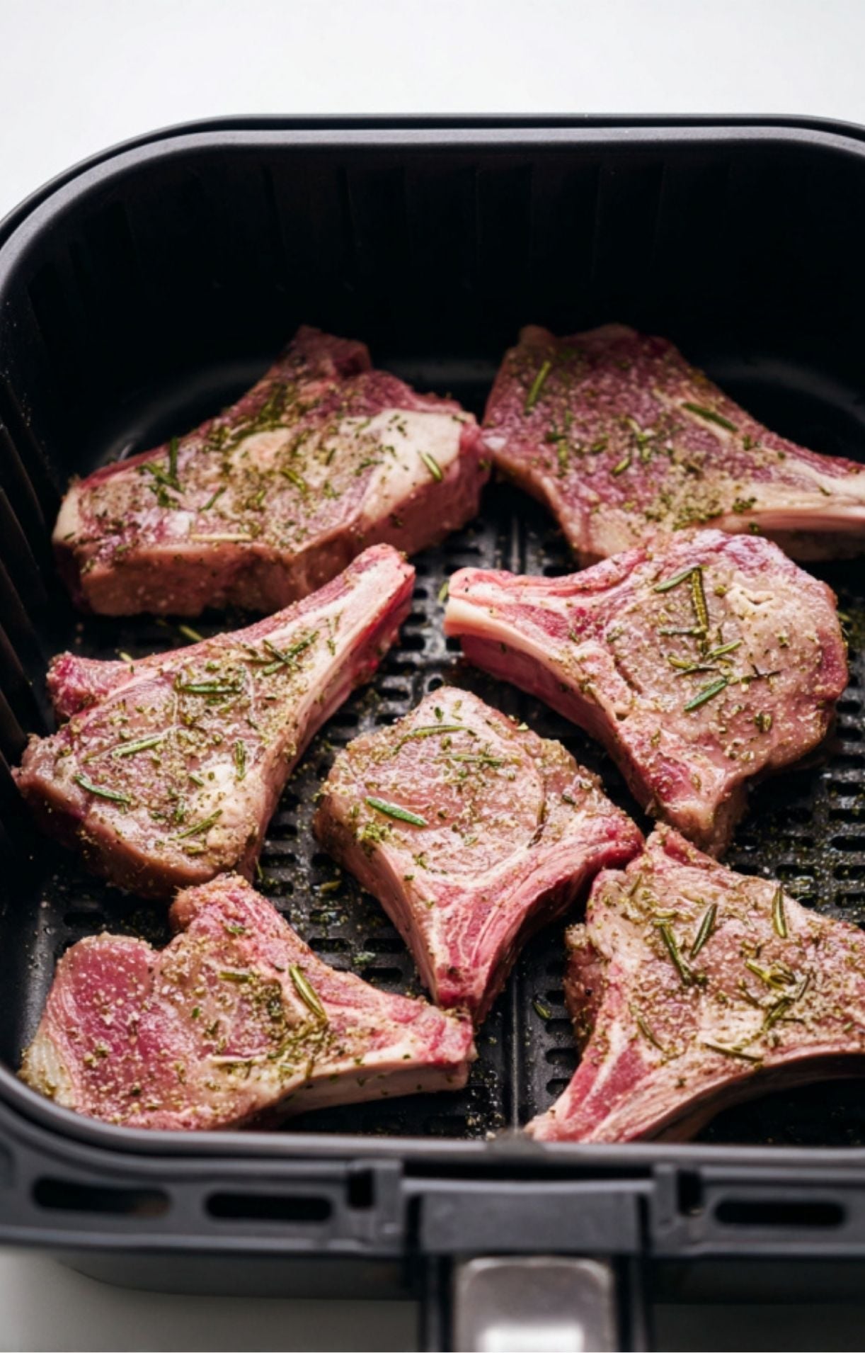 Raw lamb chops rubbed with olive oil and dried herbs arranged in a single layer in an air fryer basket ready to be cooked.