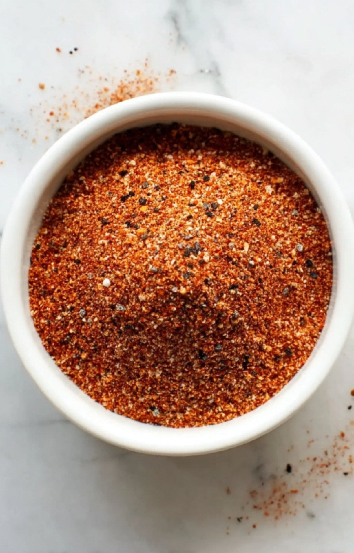 A close-up view of a white bowl filled with a smoky, textured dry rub seasoning used for Weber Beer Can Chicken.