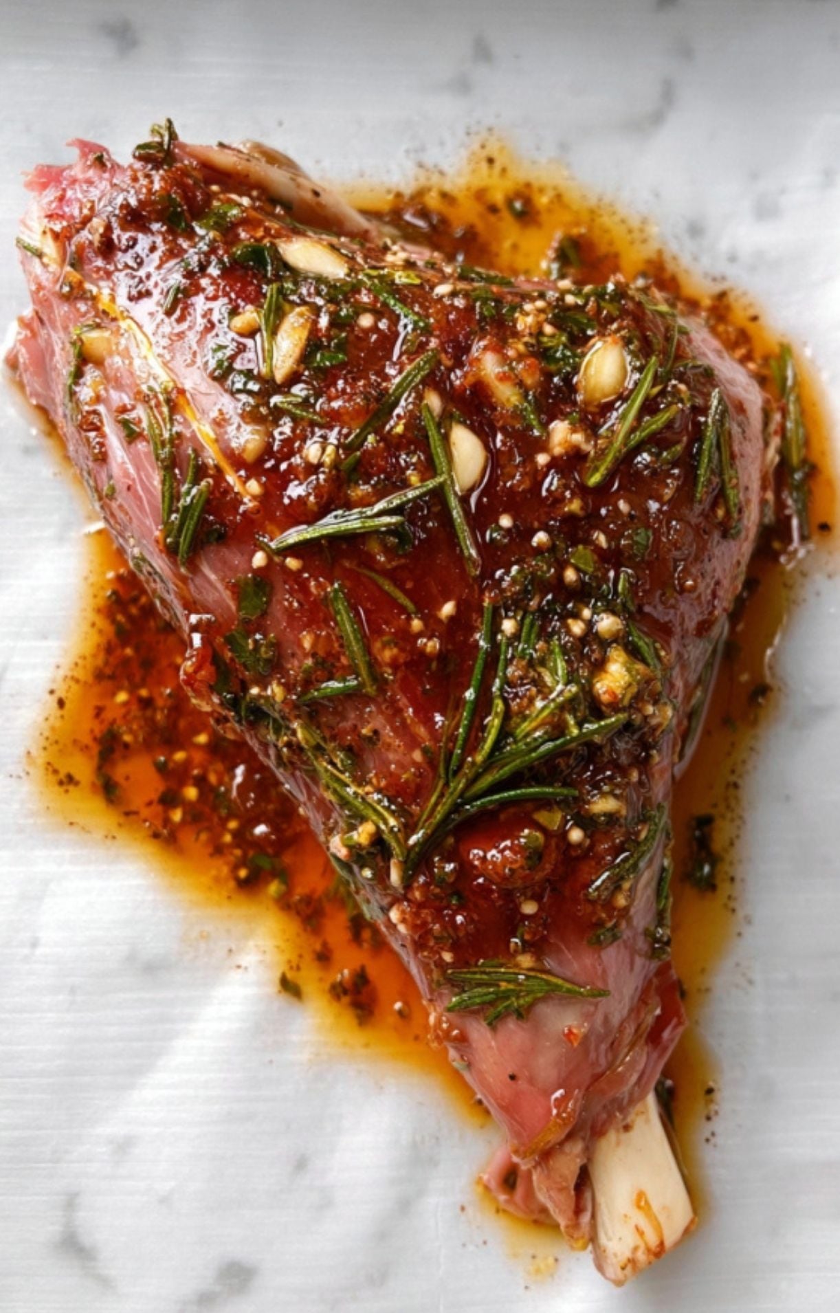 Raw leg of lamb coated in a thick herb and garlic marinade with whole rosemary sprigs, prepared for air frying.