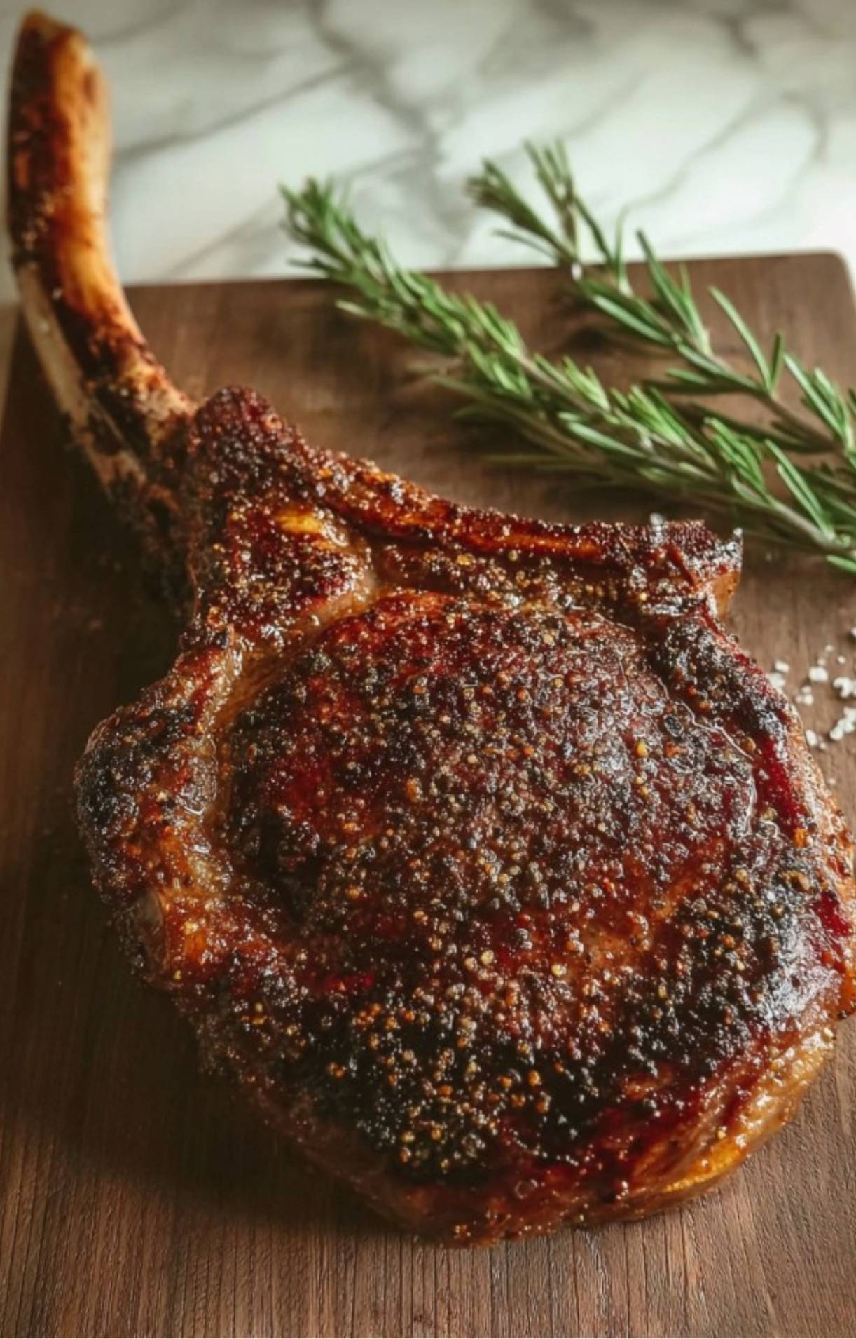 A whole, perfectly browned smoked tomahawk steak resting on a wooden cutting board with rosemary.