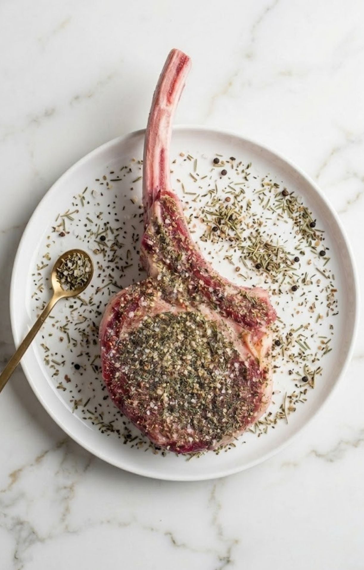 A large tomahawk steak fully seasoned with Smoked Tomahawk Steak Rub, resting on a marble-style plate with a small gold spoon.