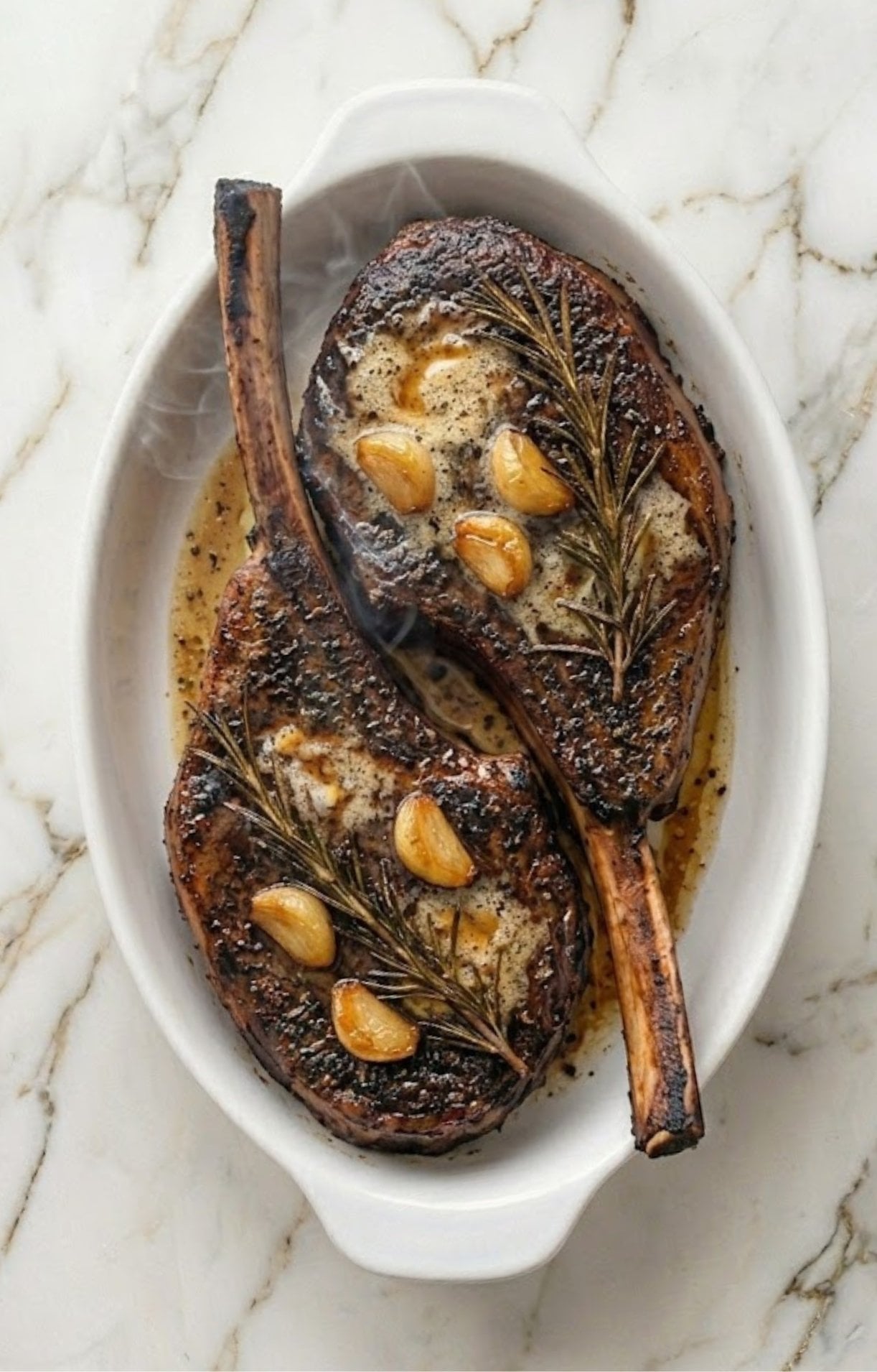 Two tomahawk steaks shown fully cooked in a white roasting dish, featuring a dark, caramelized crust with melted butter and softened garlic.
