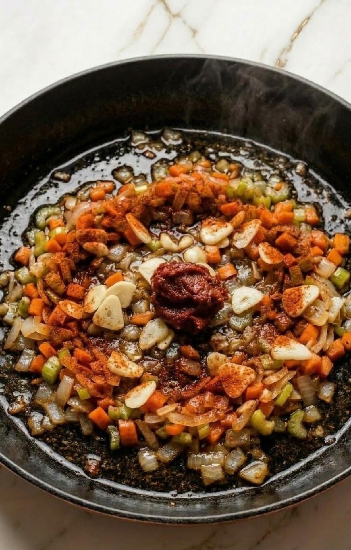 A large dollop of tomato paste and a sprinkle of smoked paprika added to the sautéed vegetables in the pan.