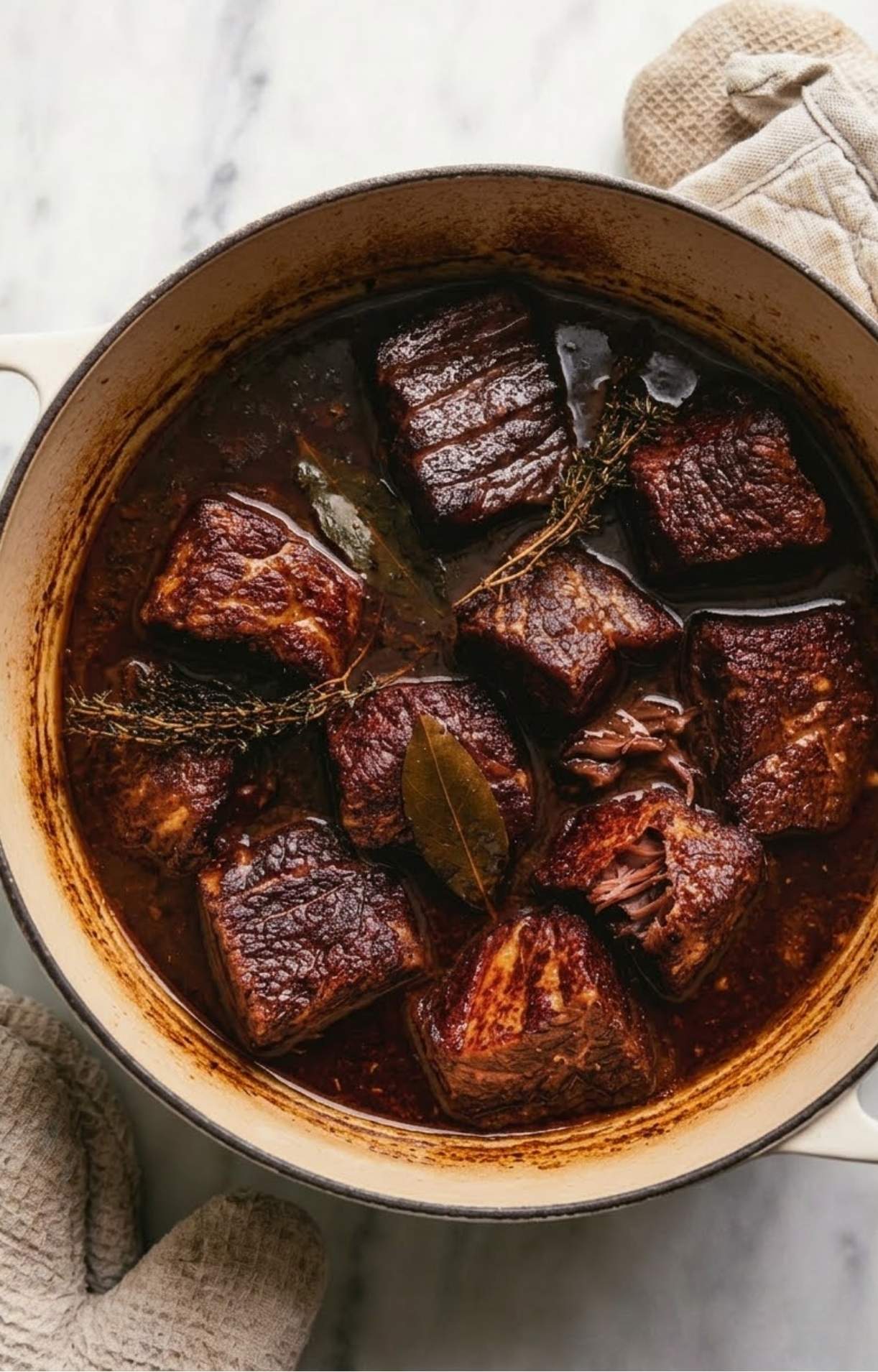 Cubes of wagyu beef being seared until golden brown in a hot cast iron skillet for a Wagyu Beef Cheeks Recipe.