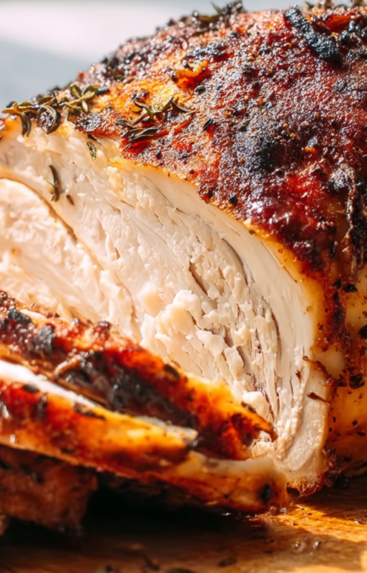 A macro shot of sliced Beer Can Chicken showing the tender, juicy fibers of the meat and the charred, flavorful skin.