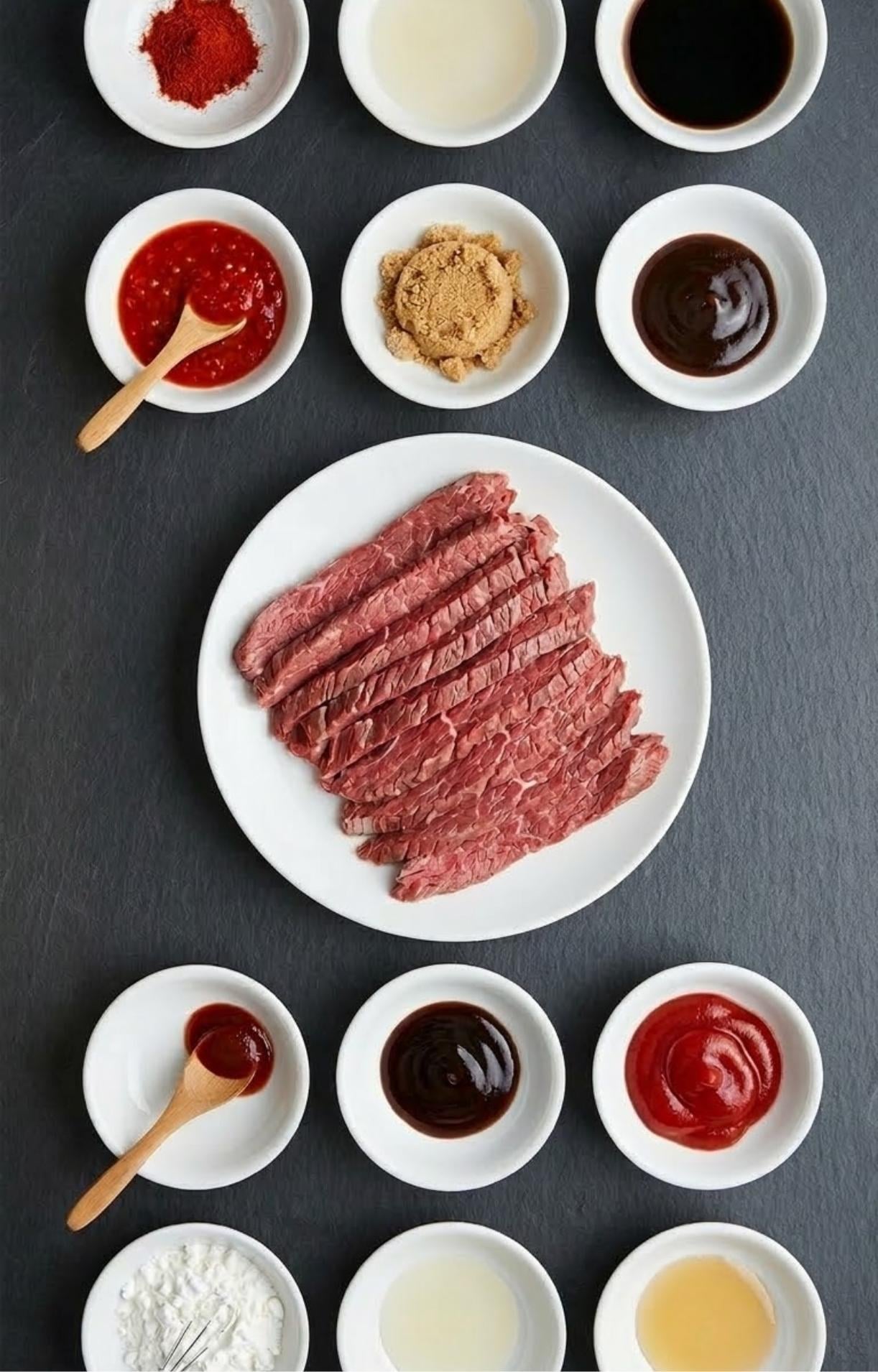 A flat-lay arrangement featuring sliced raw flank steak on a white plate surrounded by small white bowls containing soy sauce, brown sugar, chili sauce, cornstarch, and various oils and vinegars.