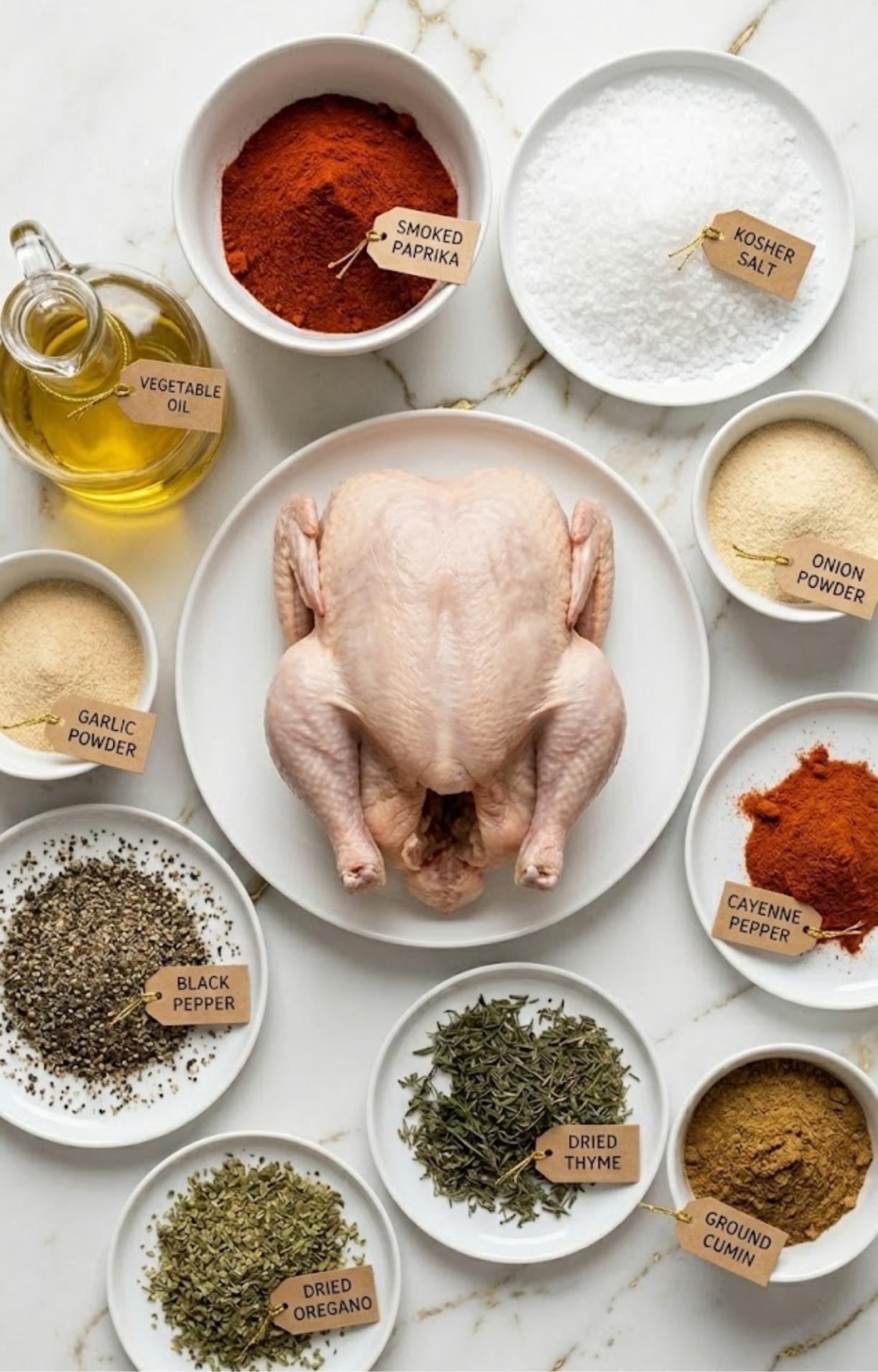 Raw whole chicken surrounded by bowls of smoked paprika, kosher salt, vegetable oil, onion powder, garlic powder, black pepper, cayenne, cumin, thyme, and oregano.